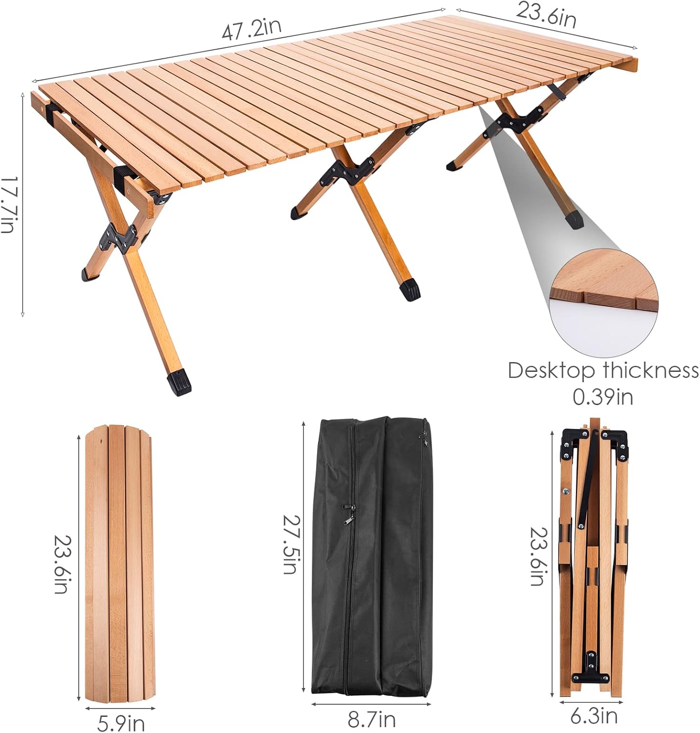 Panghuhu88 Camping Table, 4ft Portable Folding Picnic Table for Outdoor Indoor Use, Low Height Roll Up Wood Table with Carrying Bag for BBQ, Picnic, Camp, Travel, Beach, Patio, Garden