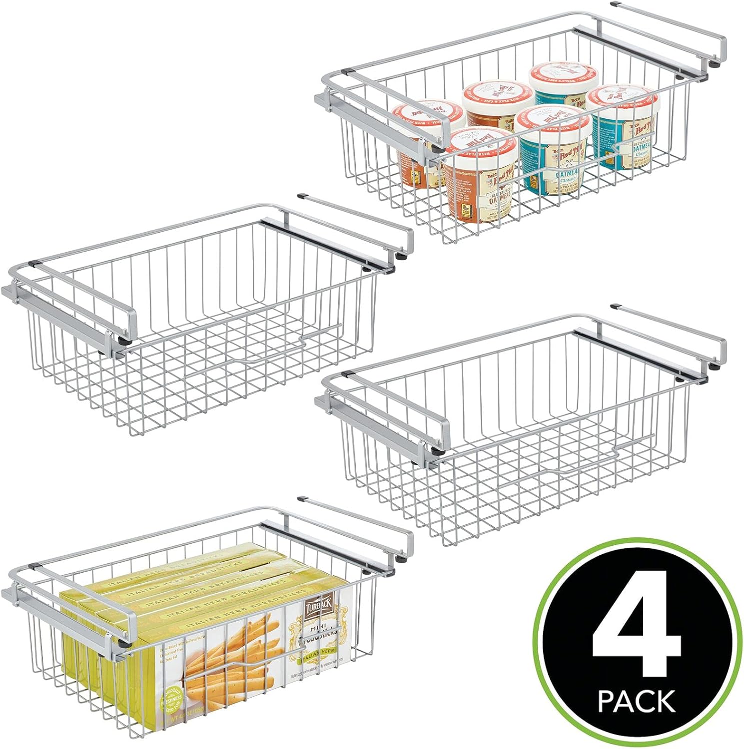 mDesign Large Metal Wire Hanging Pullout Drawer Basket - Sliding Under Shelf Storage Organizer - Attaches to Shelving - Easy Install - 4 Pack - Silver