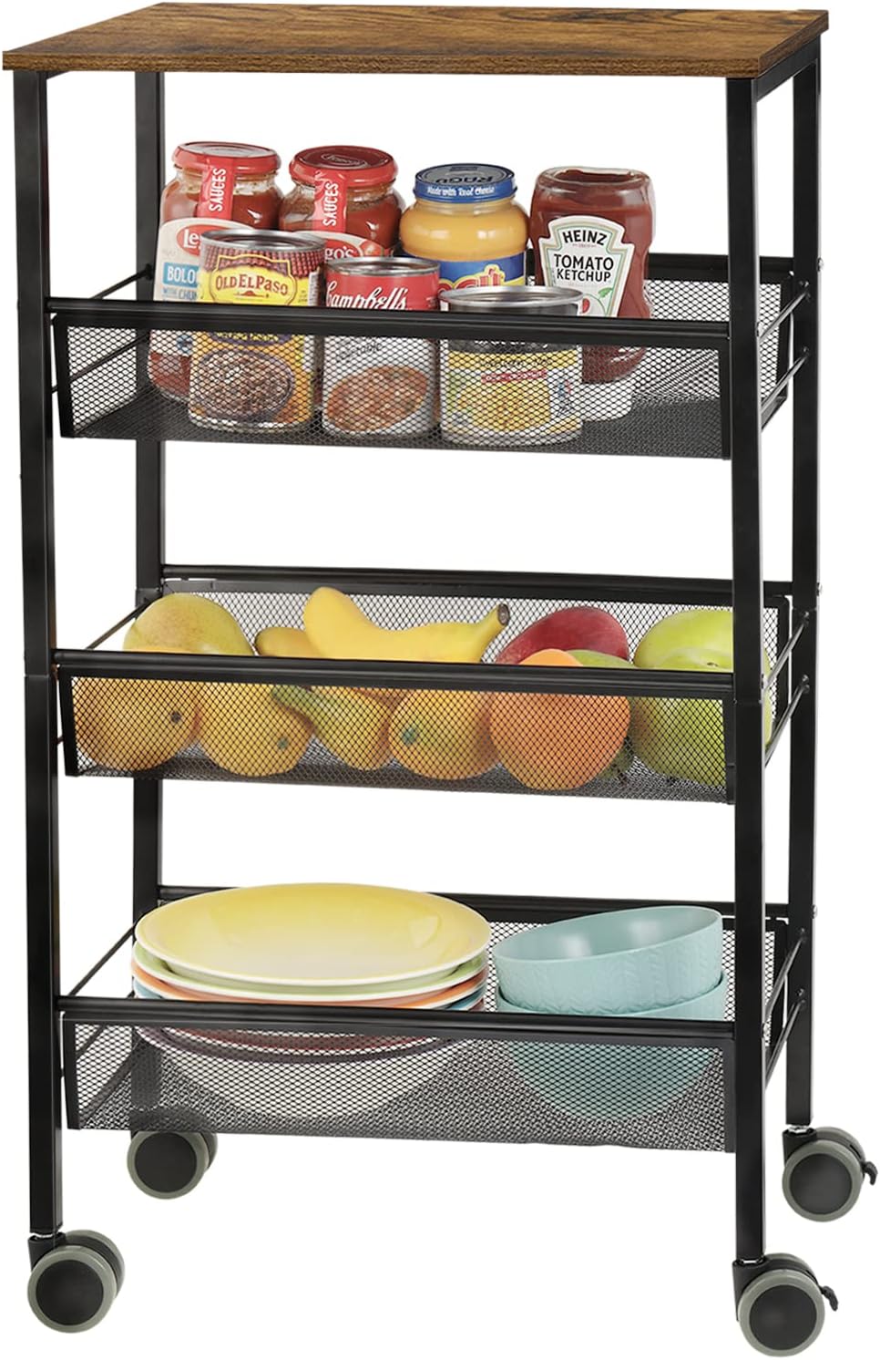 Kitchen Island Cart on Wheels, 3-Tier Rolling Storage Microwave Rack with Wooden Shelves, Lockable Utility Cart with Mesh Baskets for Narrow Space in Dining Room Bathroom, Silver