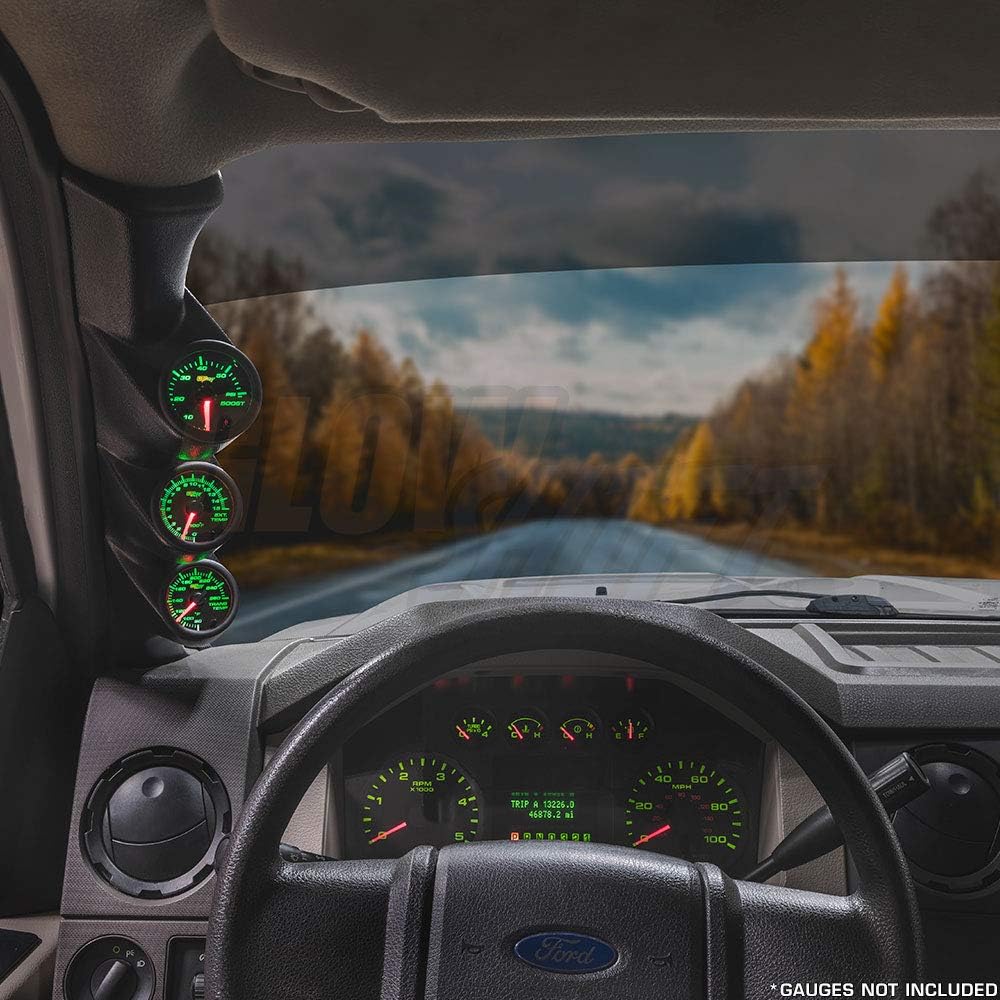 GlowShift Black Triple Pillar Gauge Pod Compatible with Ford Super Duty F-250 F-350 Power Stroke 2008-2010 - ABS Plastic - Mounts (3) 2-1/16