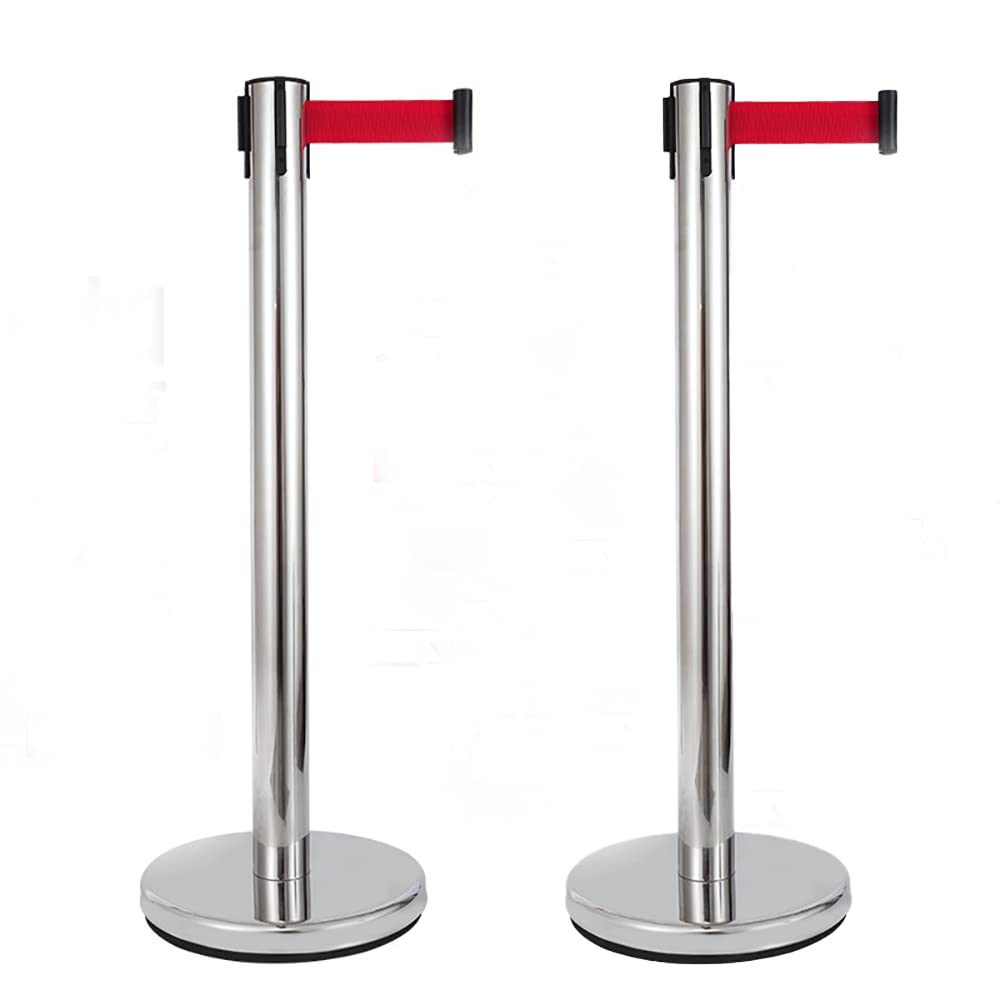 Retractable Belt Barrier,Crowd Control Stanchion with 9.8-Foot Red Belt Stanchions Post Queue Crowd Control Barriers Queue Line,35-Inch Height,Easy to Assemble-Set of 2