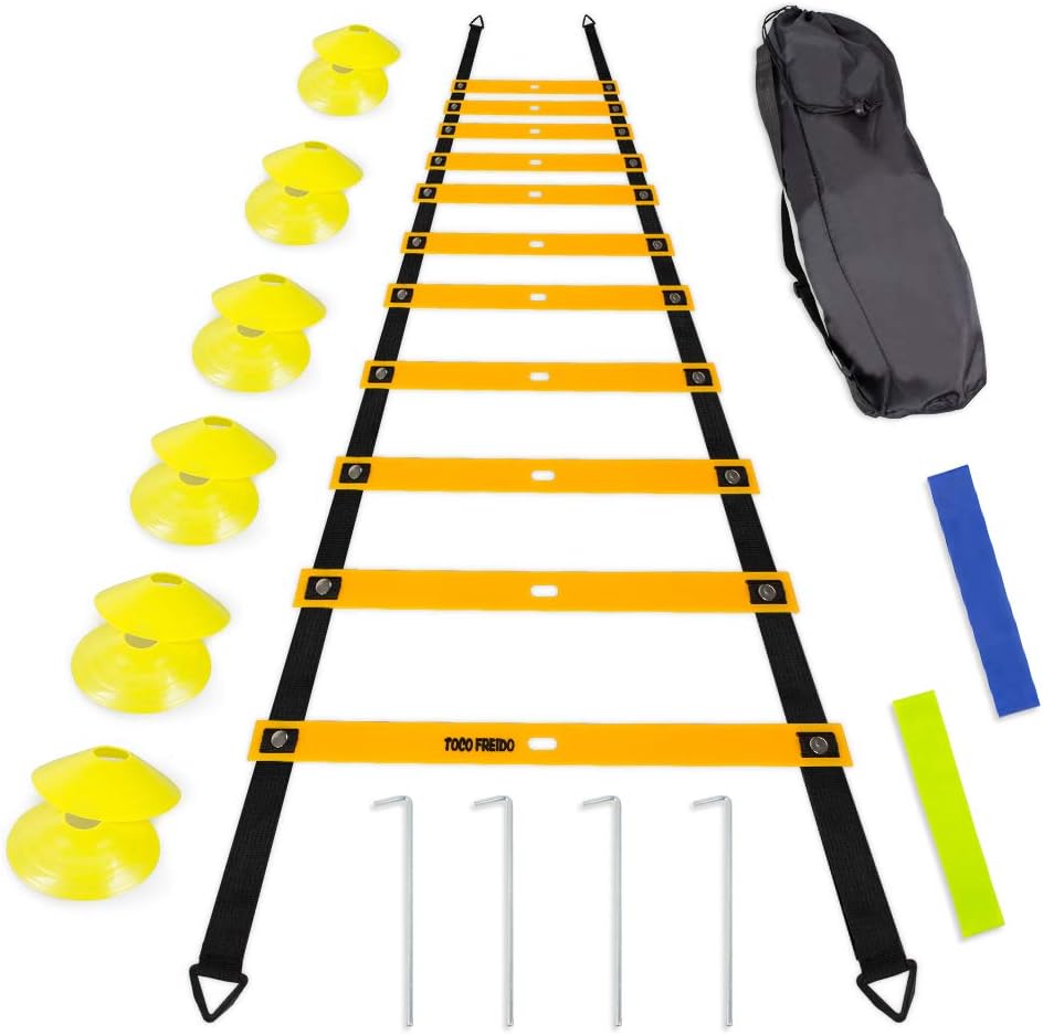 TOCO FREIDO Speed&Agility Training Set – 20ft Agility Ladder Set with 12 Rungs, 4 Adjustable Training Hurdle, 12 Disc Cones, 2 Resistance Bands, 1 Running Parachute and Footwork Drills Equipment Pack of 2