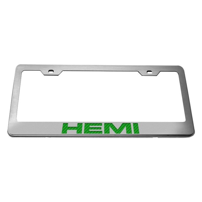 ACC 152024-GRN Brushed License Plate Frame with Green Carbon Fiber Hemi Logo