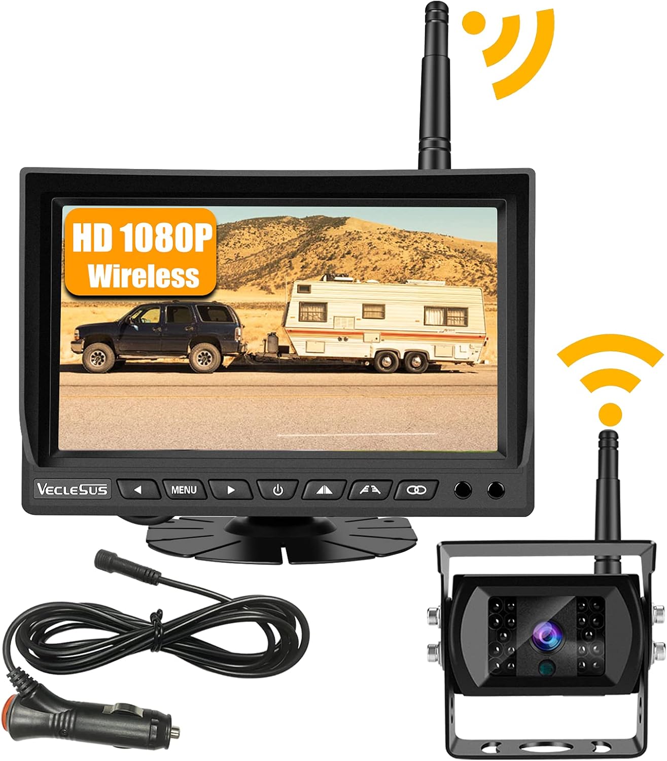 VECLESUS VMW7 1080P Wireless Backup Camera Kit, 7&rdquo; IPS HD Monitor & IP69K Waterproof High Speed Stable Transmission Backup Cam for Truck, RV, Trailer, Bus, Harvester, Pickup, Motorhome Large Vehicles