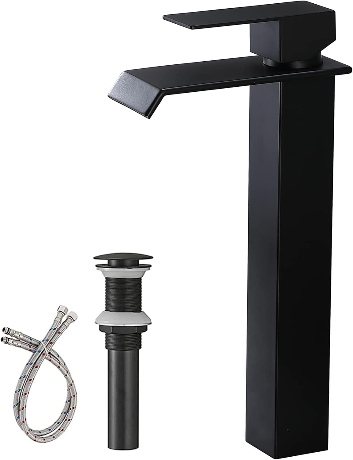 VAPSINT Matte Black Modern Single Handle Waterfall Vessel Sink Faucet,One Hole Tall Bathroom Faucet Vanity Basin Mixer Tap with Pop Up Drain