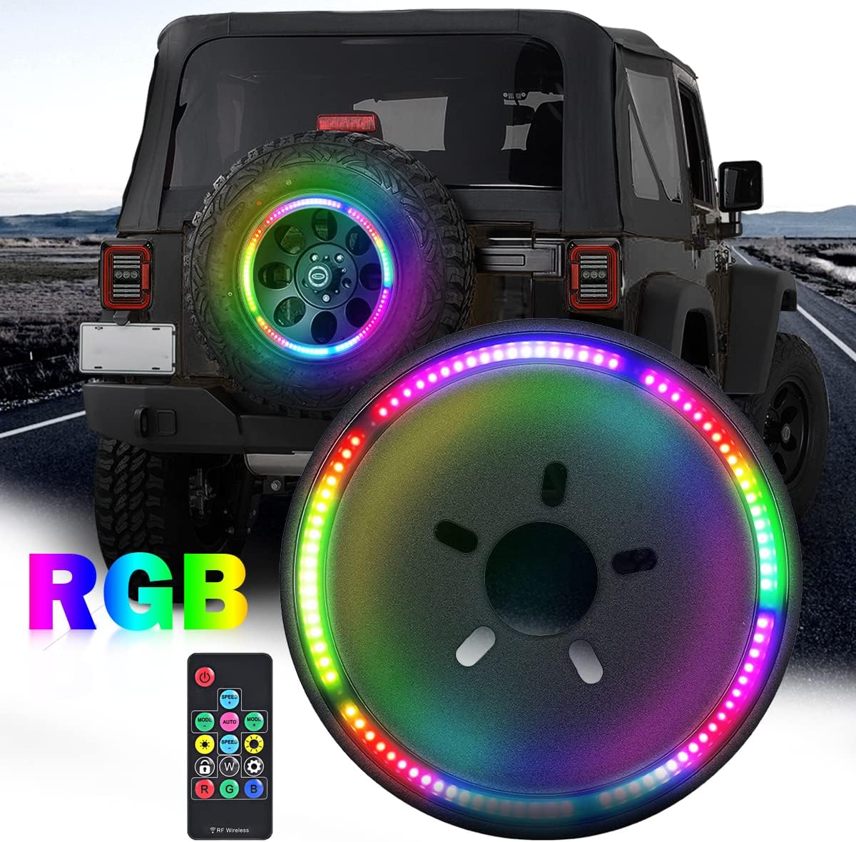 RGB Third Brake Light, RGB Spare Tire Lights with RF Wireless Remote Controller Compatible with Jeep Wrangler JK JKU 2007-2018, YJ TJ LJ 1987-2018 and JL 2018-2020 Cool Decoration RGB Brake Light Pack of 2