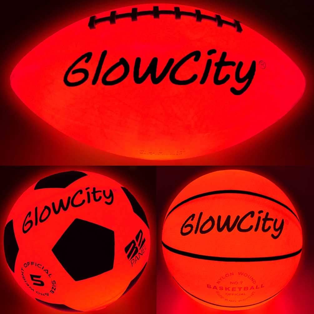 GlowCity Glow Balls for Kids - Pack of 3 with Official Sized Glow in The Dark Football, LED Basketball and Size 5 Light Up Soccer Ball - Spare Batteries Included Pack of 2