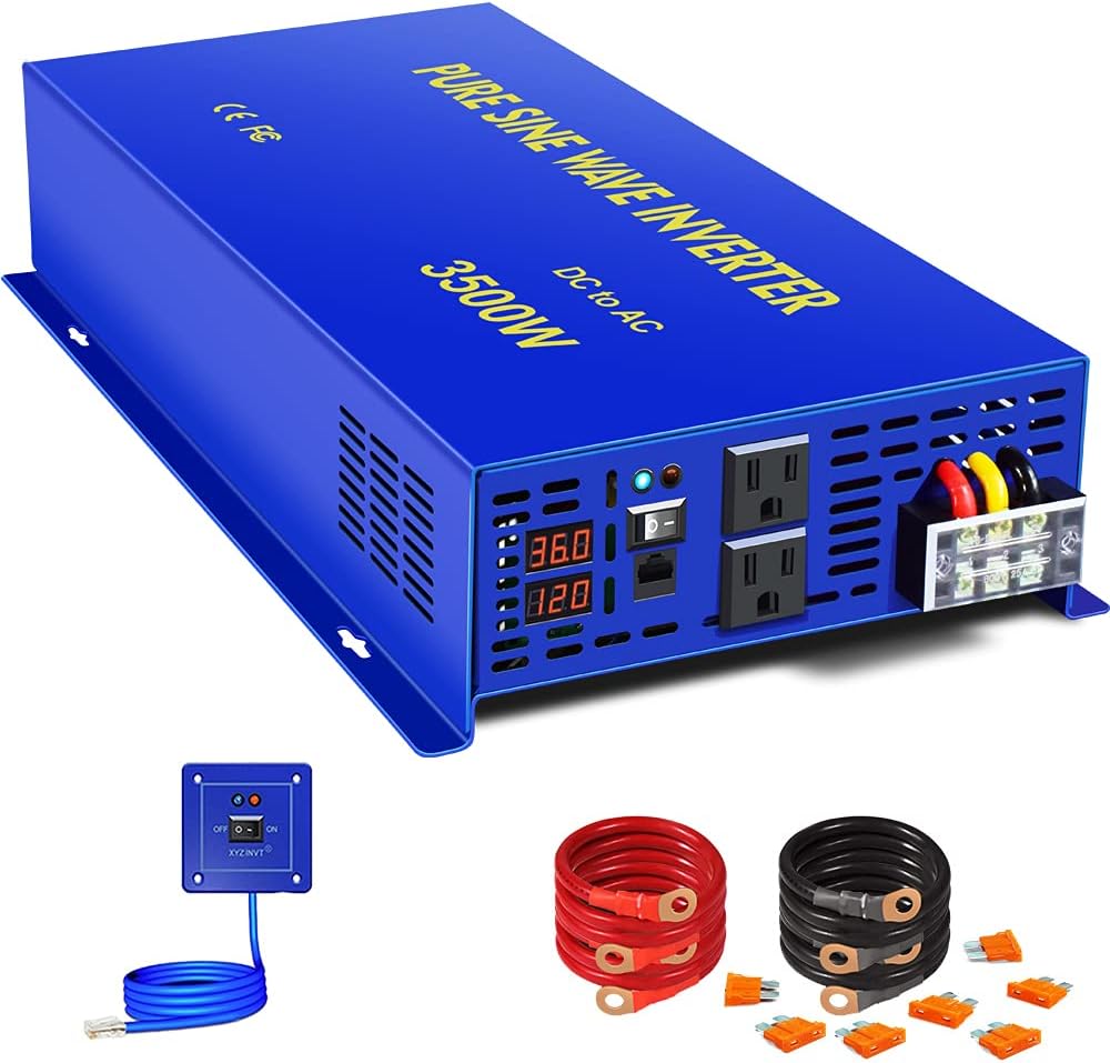 XYZ INVT 36 Volt Inverter 3500W Pure Sine Wave Inverter DC to AC, 36v to 110V 120V with 15ft Remote Switch, Surge 7000w, Solar Power Inverter for car Truck rv hme (3500W 36V/Remote)