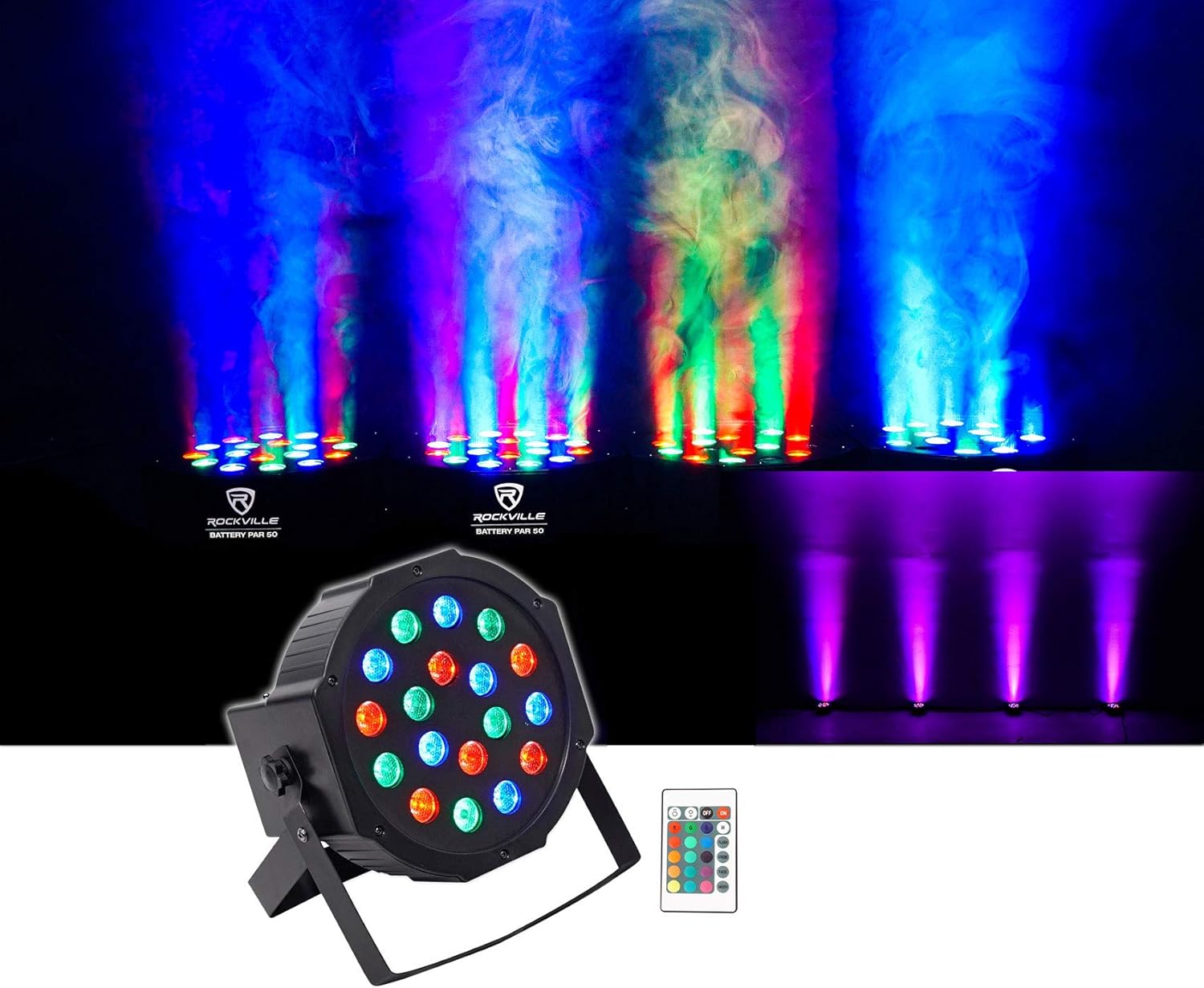 Rockville Battery PAR 50 Rechargeable LED DMX DJ Club Wash Up-Light w/Remote Pack of 2