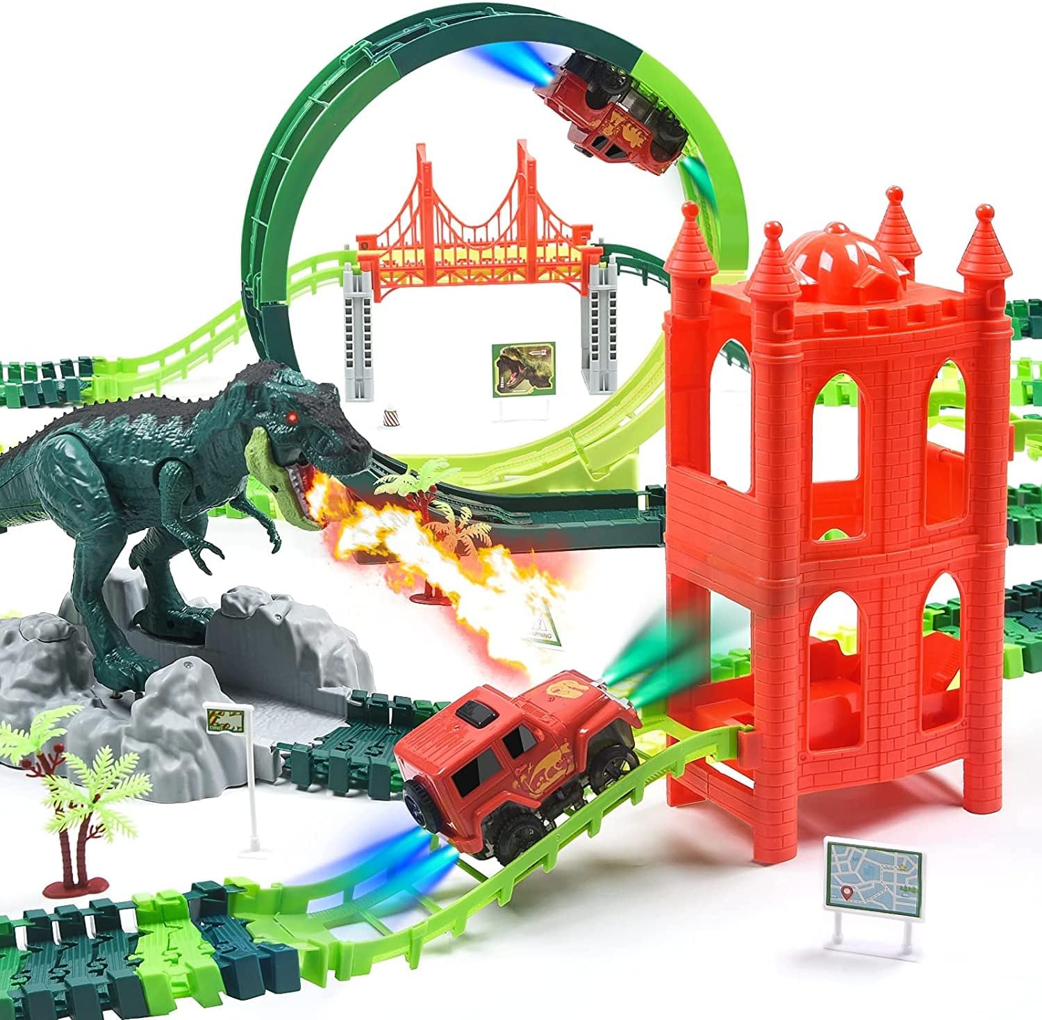 Dinosaur Toys Race Track 239 Pieces, Flexible Train Track Playset with 2 Race Cars, Castle, Create A Dinosaur World Road Race, Dinosaur Race Track Toy for 3 4 5 6 7 Year Old Boys Girls Kid Best Gifts