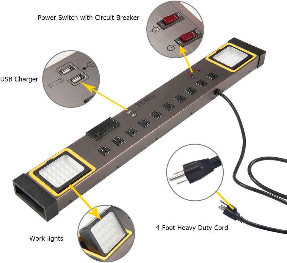 ZESEN 10-Outlet Power Strip with LED Worklight Surge Protector 4ft Cord with Dual Smart USB, Workshop/Garage/Office/Home, ETL Listed Pack of 2