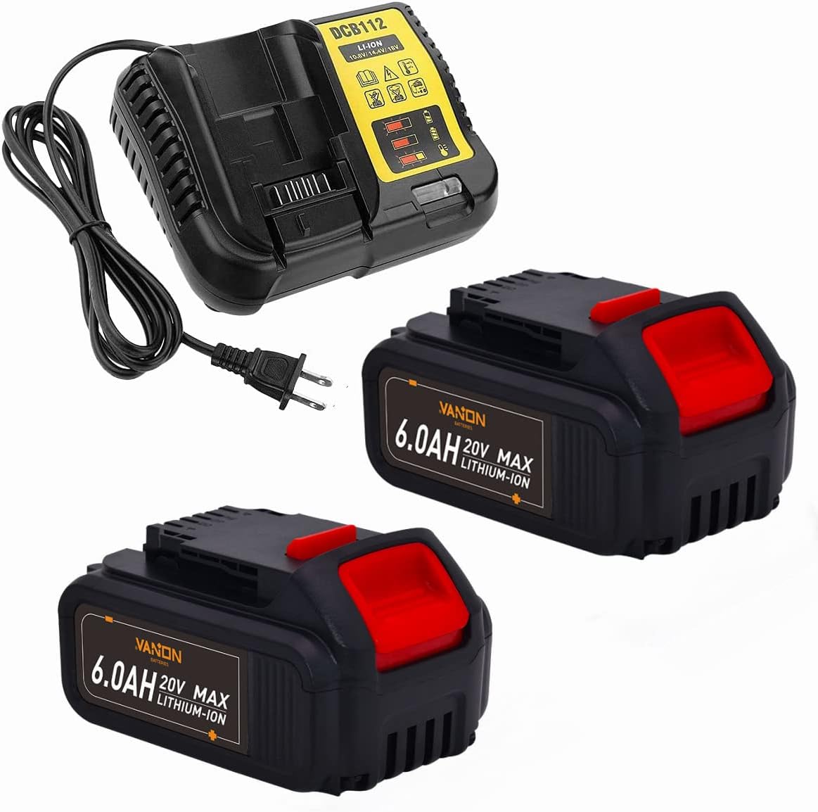 2Pack 6.0Ah DCB207 DCB205 Battery +DCB112 12V/20V Charger Combo Replace for Dewalt 20 Volt Max XR Battery and Dewalt 20V Battery Charger,Compatible with Dewalt 20v Battery DCB204 DCB206 DCB201 DCB203