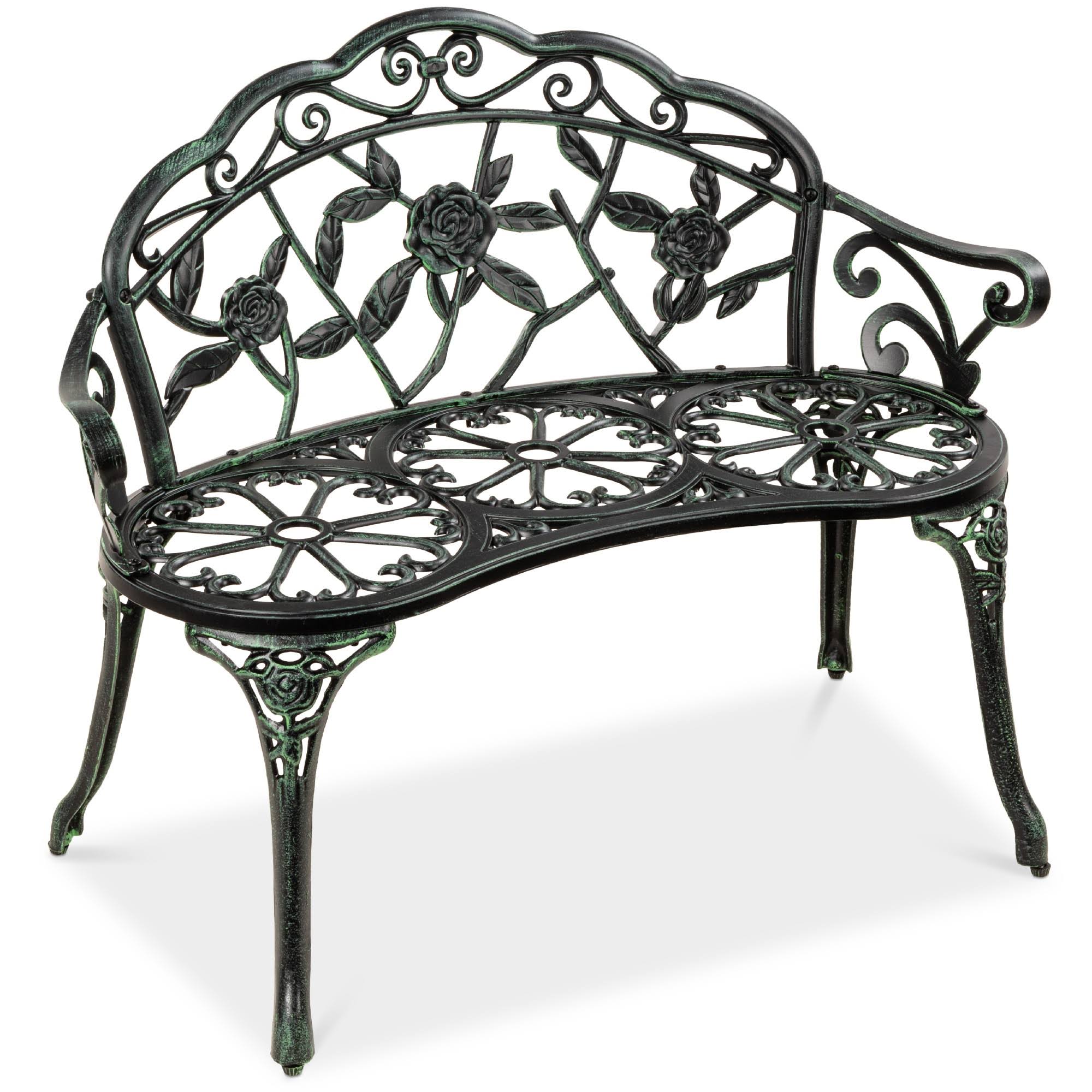 BCP Outdoor Patio Garden Bench Park Yard Furniture Cast Iron Antique Rose Design, Black