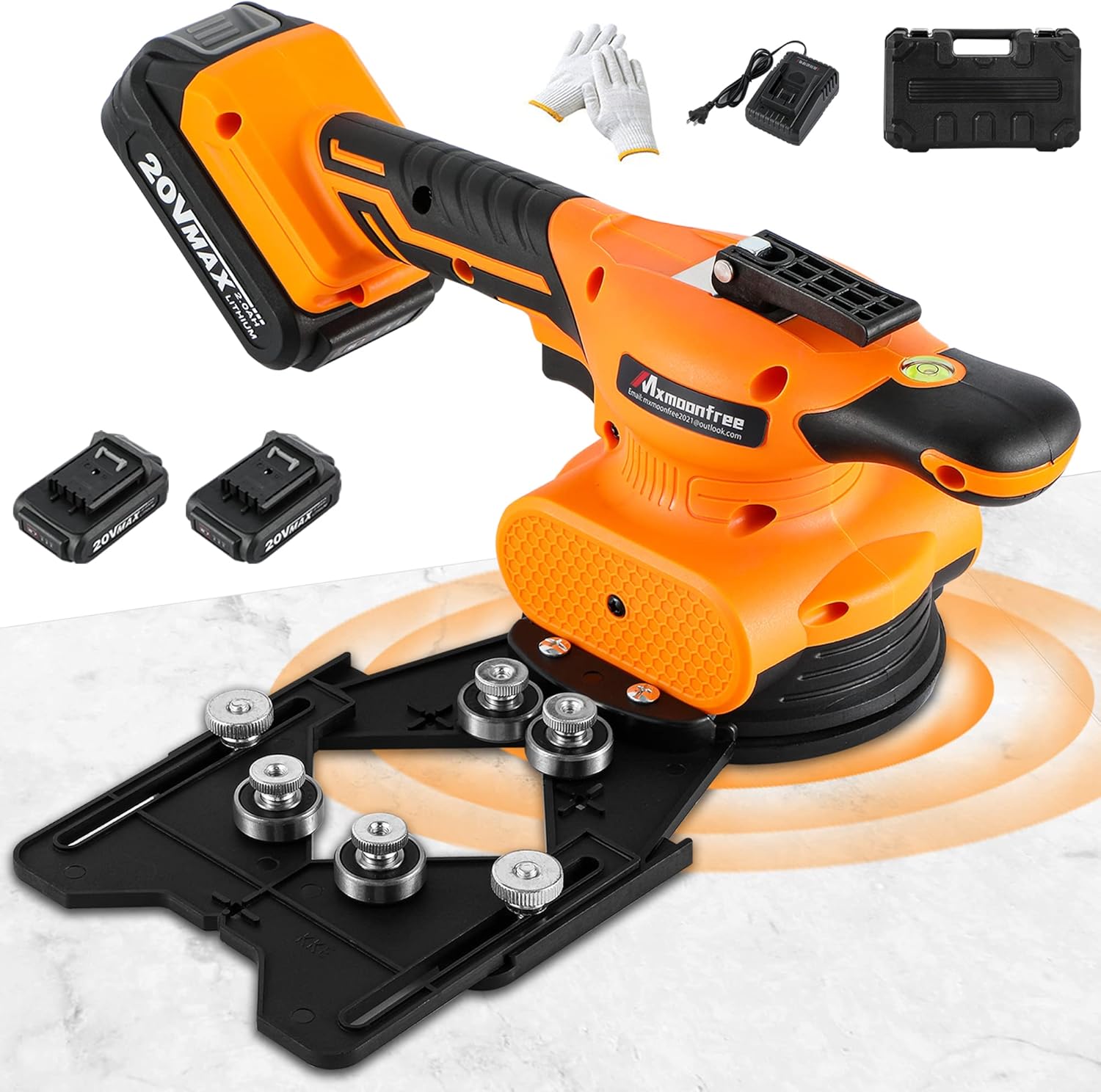 Mxmoonfree Tile Tools for Installation Tile Vibration Machine Adsorption Lock Design Stepless Control with Drill Hole Guide, Suction Cup, Storage Case, 2 Pcs Battery 20V for Wall Floor Tiles