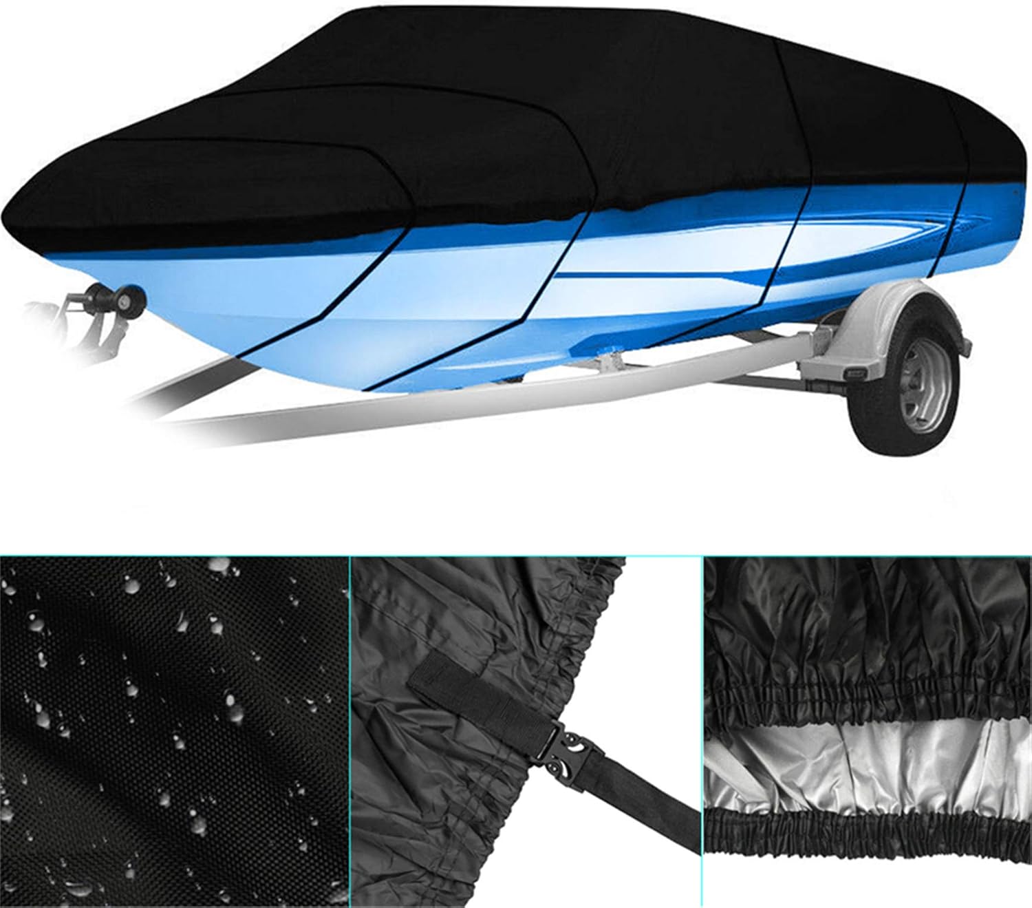 waltyotur Waterproof Heavy Duty 210D Boat Cover Trailerable Fishing Ski Bass V-Hull Tri-Hull Runabouts 11-22ft Black