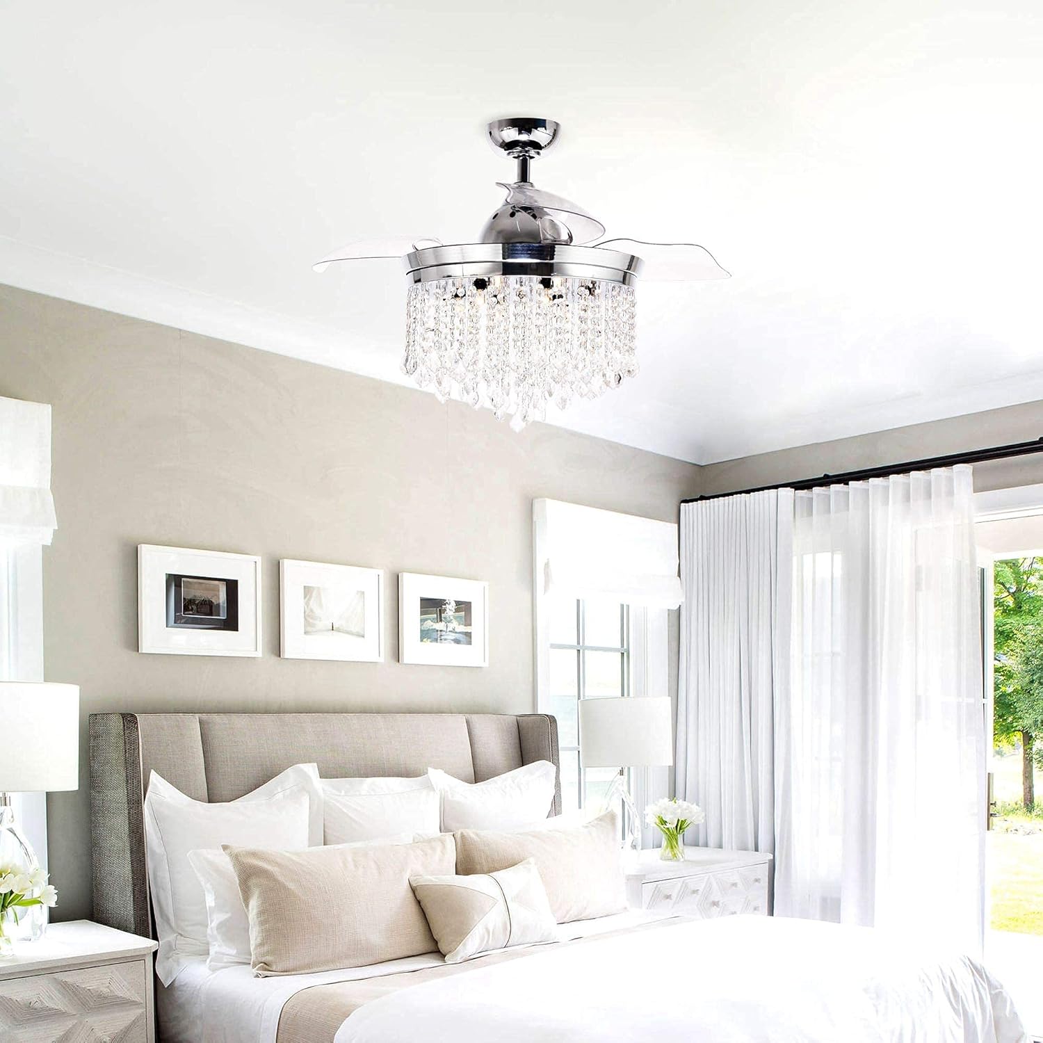 Ceiling Fans with Lights 42 Inch Modern Crystal Chandelier Ceiling Fan with Remote Control, Retractable Blades, Chrome Finished