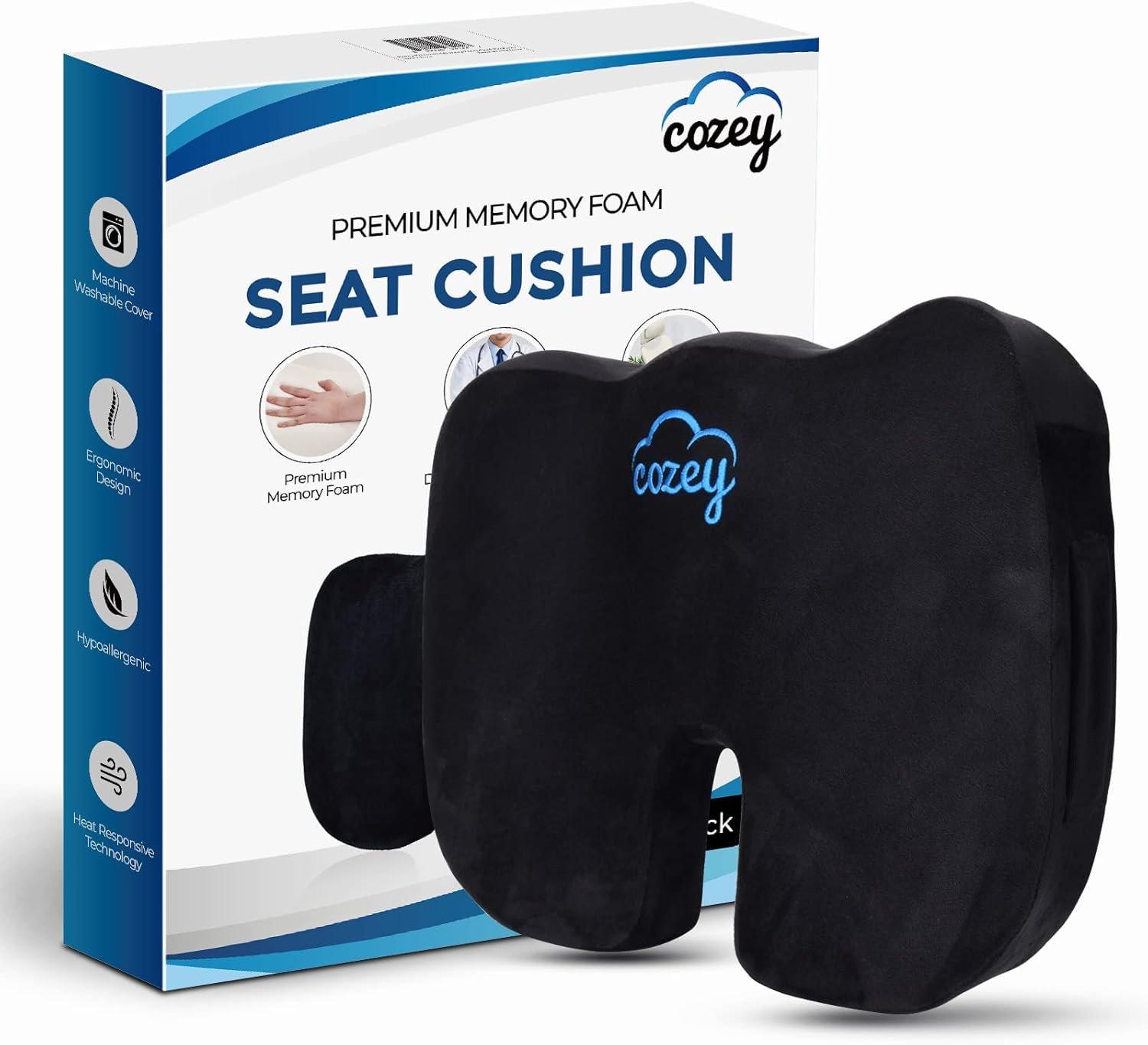 Cozey Memory Foam Seat Cushion, Office Chair Cushion - Orthopedic Cusion for Butt, Tailbone, Sciatica, Coccyx & Back Pain Relief - Chair Pad, Car Seat Cushion, Butt Pillow (Grey)