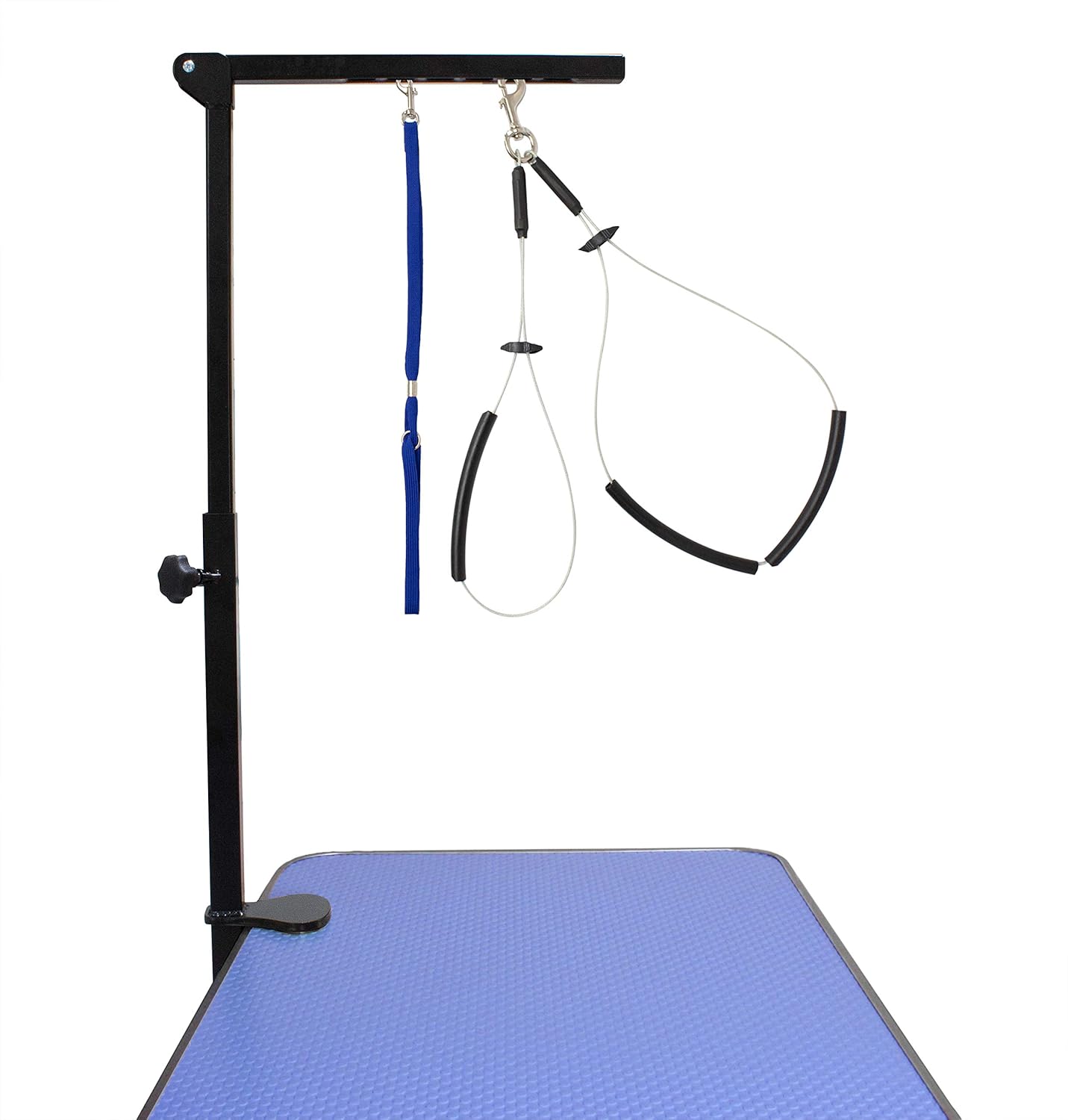 Downtown Pet Supply - Portable Dog Grooming Arm with Loop & Clamp for Pet Grooming Table - Dog Grooming Supplies 27in Foldable Black Steel Arm with S/M (19 or 21in) No Sit Haunch Holder