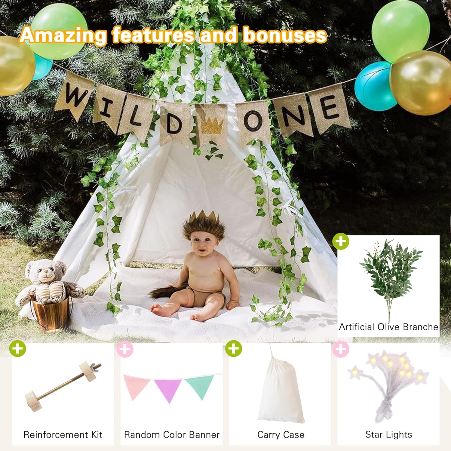 little dove Teepee Tent for Kids Foldable Teepee Play Tent with Carry Case, Banner, Fairy Lights, Olives Branches, Four Poles Style Raw White Color - New Version Tiny House Pack of 2
