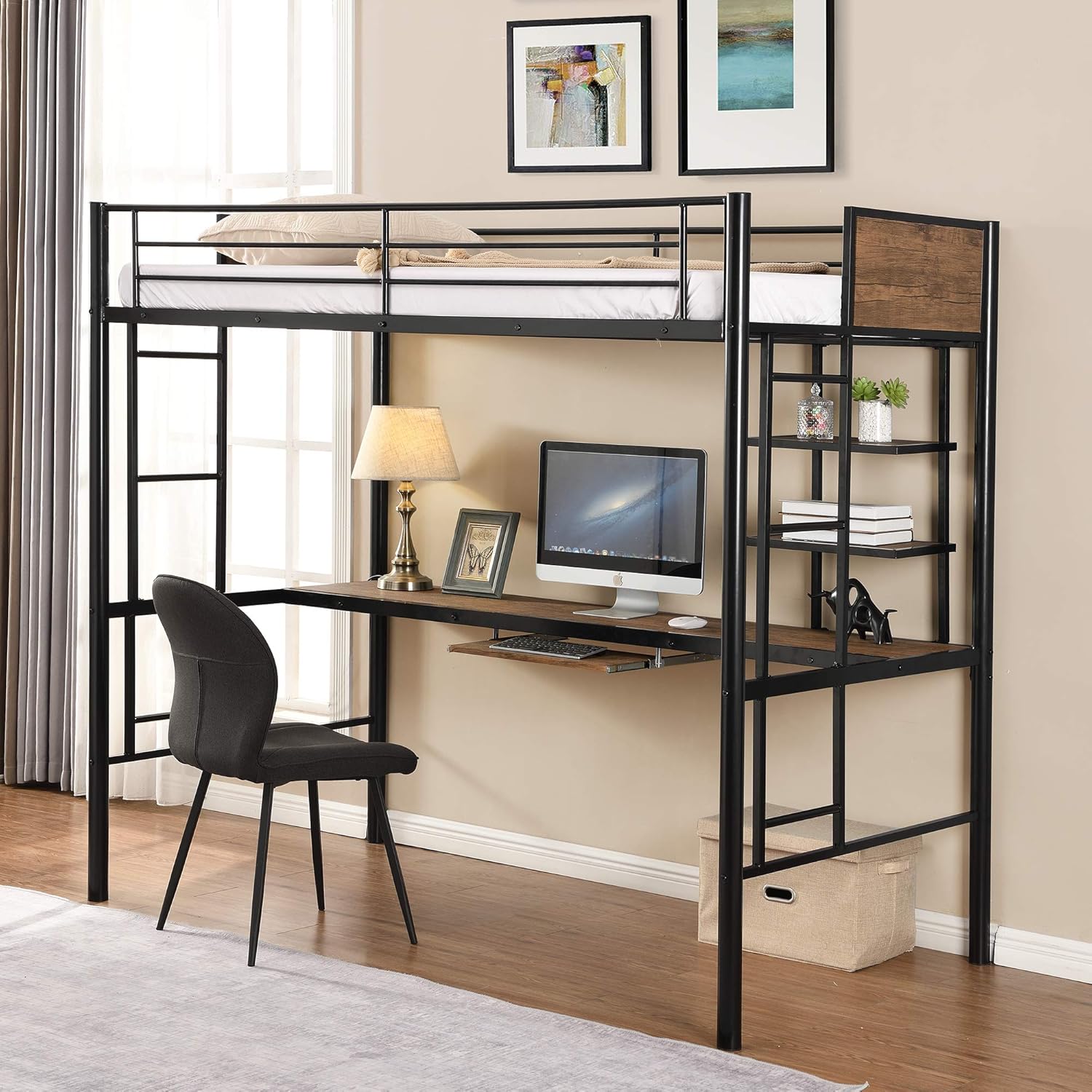 Full Size Metal Loft Bed, Full Bed Frame with Desk, Shelves, 2 Build-in Ladders and Safety Guardrails, Loft Bed Frame, Study Bed, Black