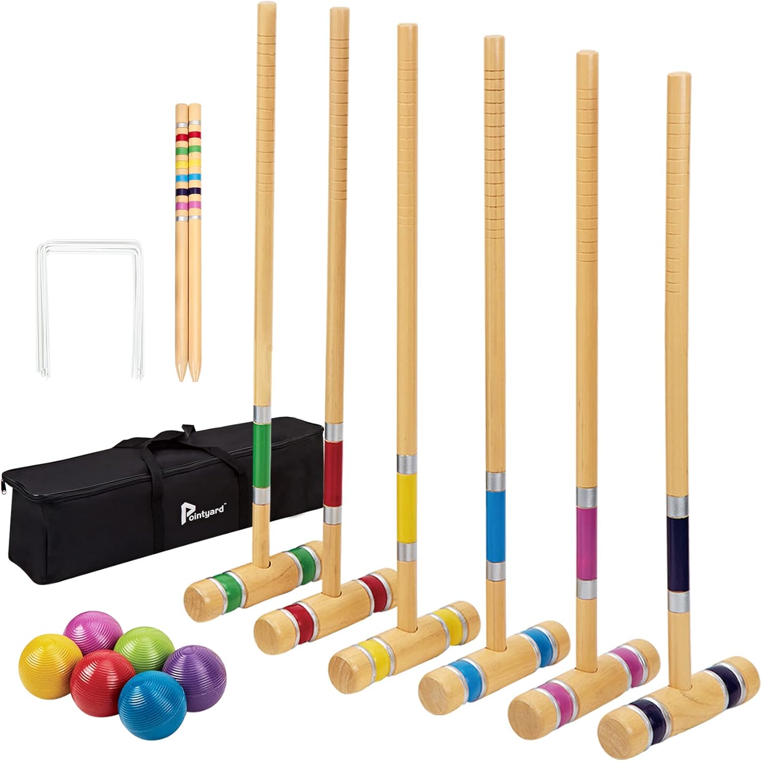 Pointyard Six Player Croquet Set, 28&rsquo;&rsquo; Croquet Set with Wooden Mallets/Colored Ball/Wickets/Stakes for Adults/Teenager/Family-Perfect for Lawn/Backyard Game/Park (Includes Carry Bag)