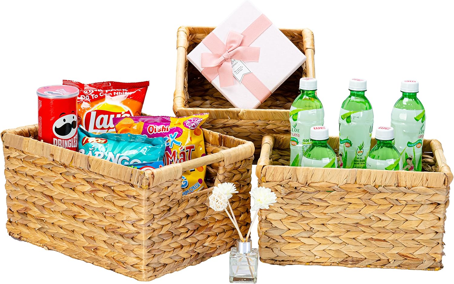 Wicker Baskets for Storage Organizing, Water Hyacinth Storage Baskets Rectangular with Wooden Handles for Shelves, Natural Wicker Storage Basket Bins - Set of Wicker Baskets for Home Organization Pack of 2