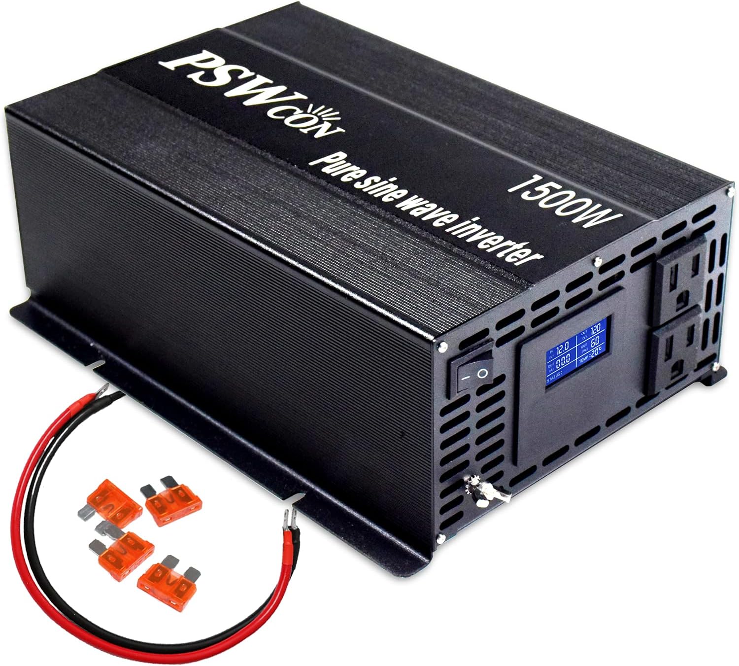 PSWCON 1500 watt Inverter Pure Sine Wave Inverter 12V to 110V 120V, DC to AC Power Converter Surge 3000W with Hardwire Terminal, LCD Display and Earth, for Home Use, RV. (1500W 12 Volt)
