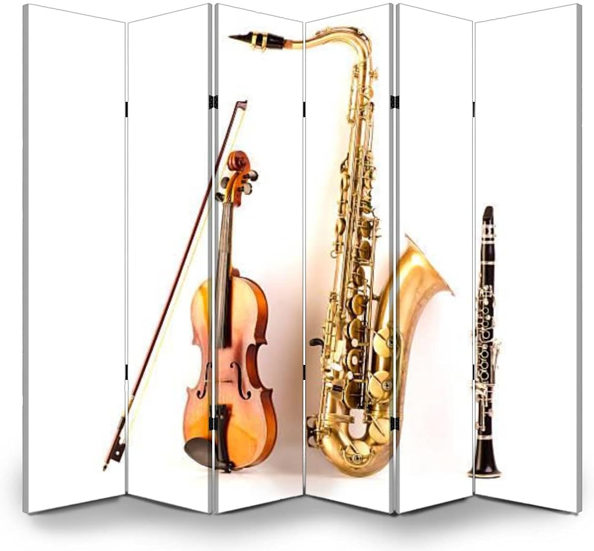 Dola-Dola Wood Screen Room Divider Sax Tenor Saxophone Violin and Clarinet in White Folding Screen Waterproof Canvas Panels Indoor Portable Privacy Dual-Sided Display Shelves 6 Panel