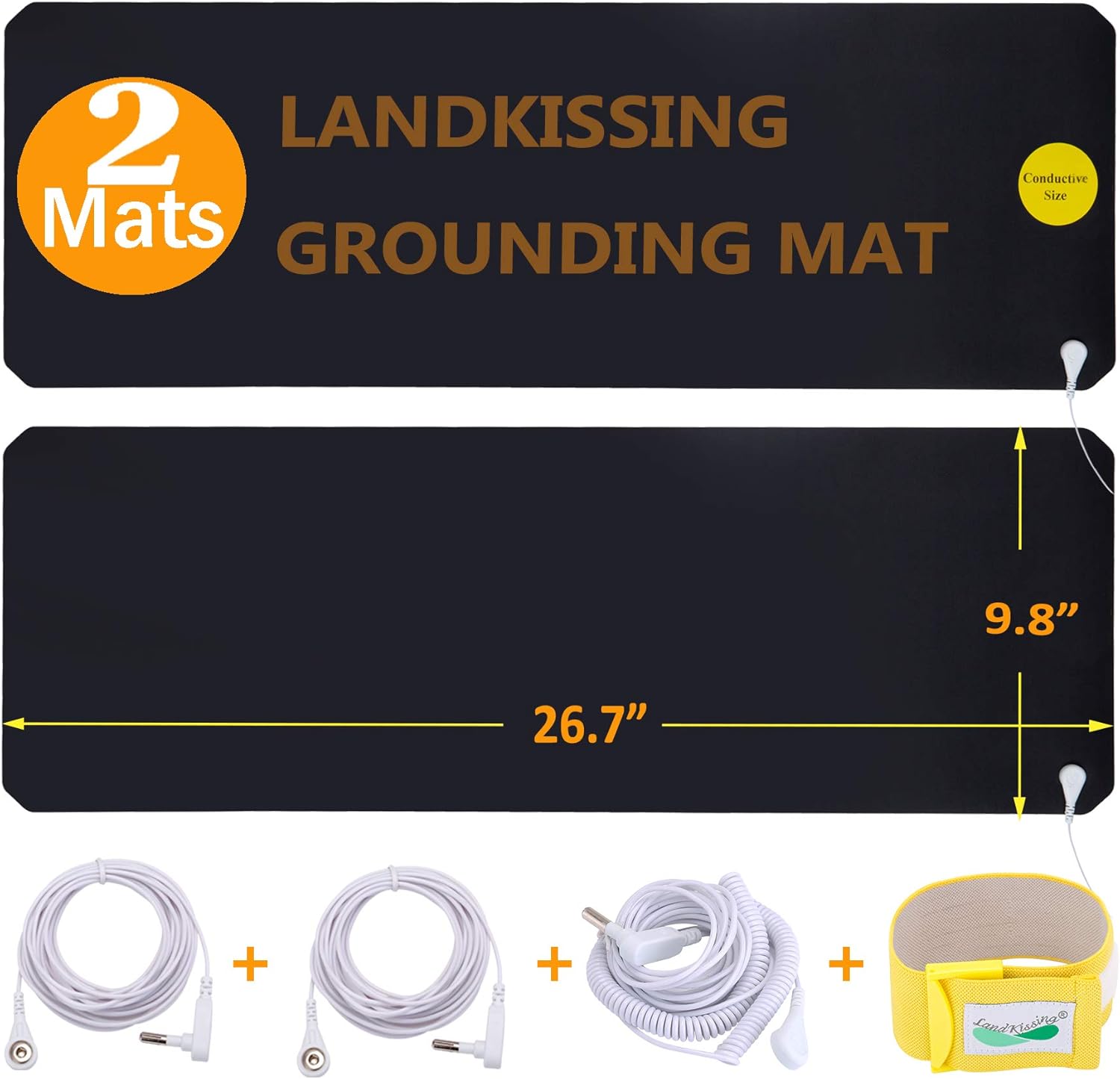 LandKissing® Grounding Mats (2sets) for Healthy Earthing Energy with 1 Grounding Beige Wristband and 3 Grounding Cords Pack of 2