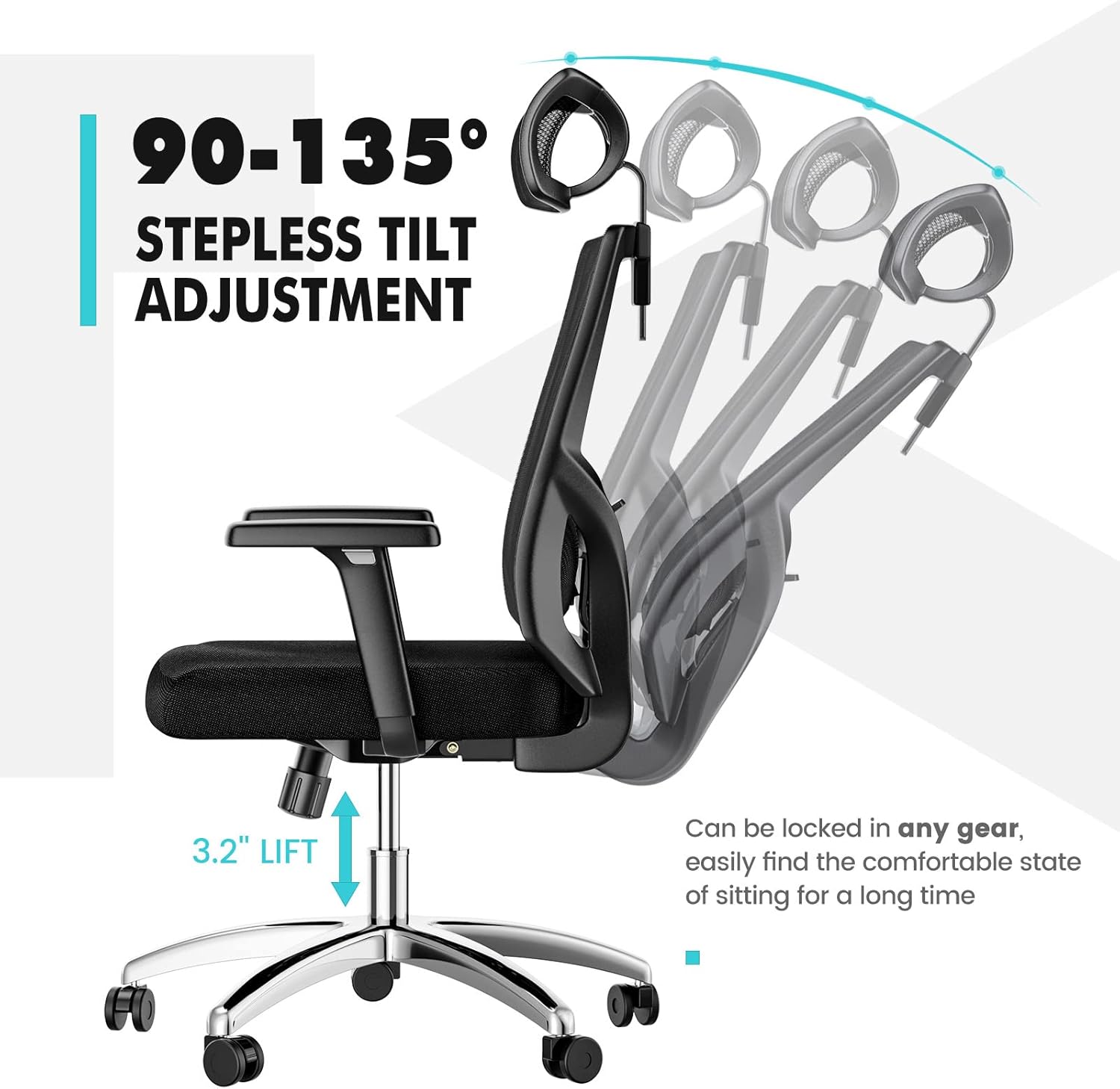 Leteuke Office Chair, Ergonomic Office Chair High Back Mesh Office Chair with Padded Lumbar Support, 135&deg; Reclining Office Chair with Adjustable Armrests and Headrest Home Office Desk Chairs, Black