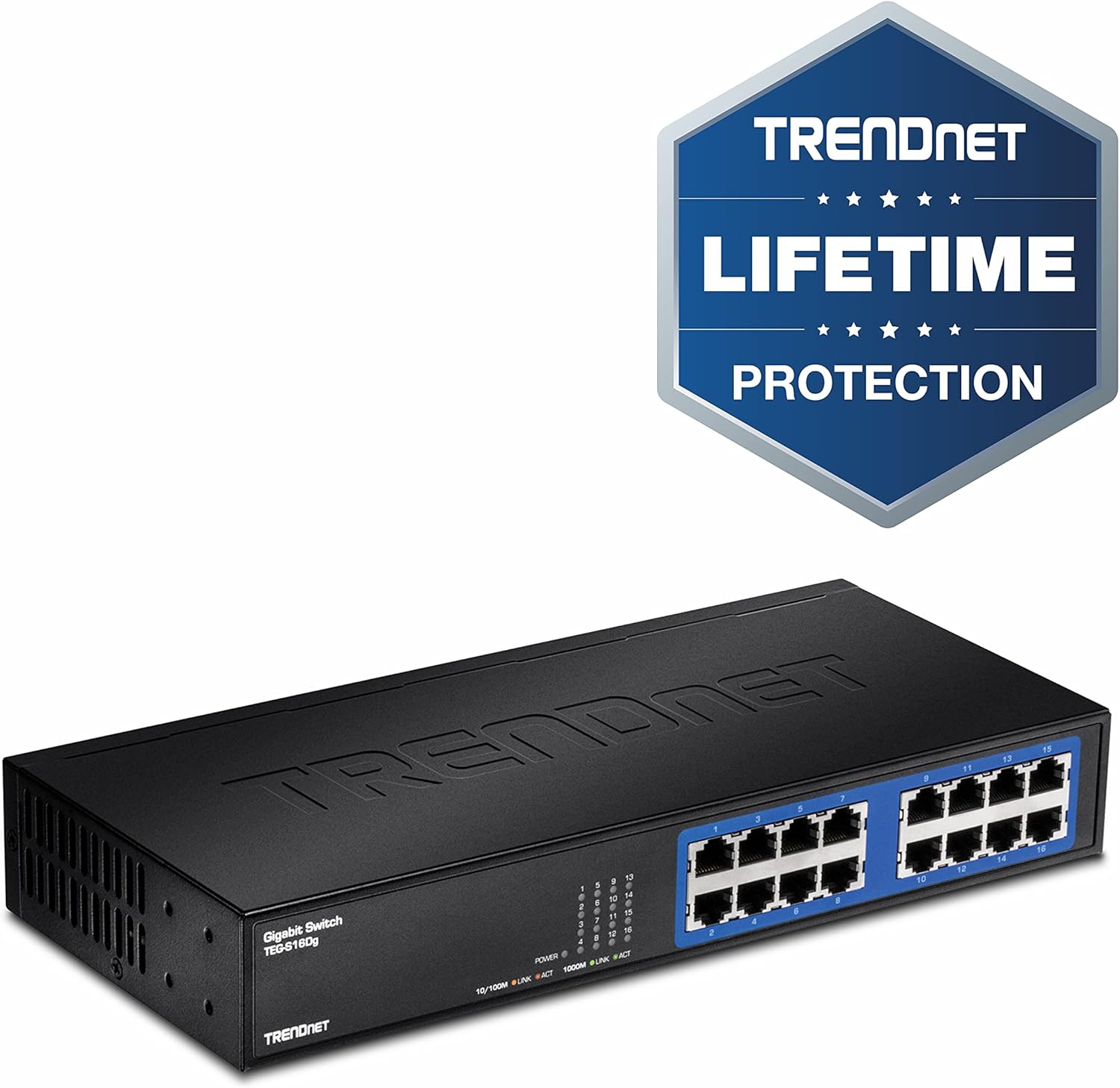 TRENDnet - TEG-S16DG 16-Port Unmanaged Gigabit GREENnet Desktop Metal Switch, TEG-S16DG, Ethernet Splitter, Ethernet/Network Switch, 16 x 10/100/1000 RJ-45 Ports, 32 Gbps Forwarding Capacity, Lifetime Protection Black Pack of 2