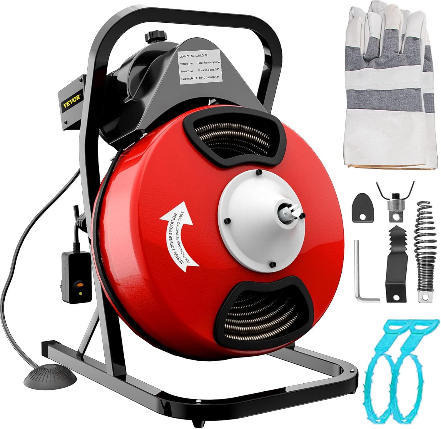 VEVOR 50FTx1/2Inch Drain Cleaner Machine Electric Drain Auger with 4 Cutter & Foot Switch Drain Cleaner Machine Sewer Snake Drill Drain Auger Cleaner for 1