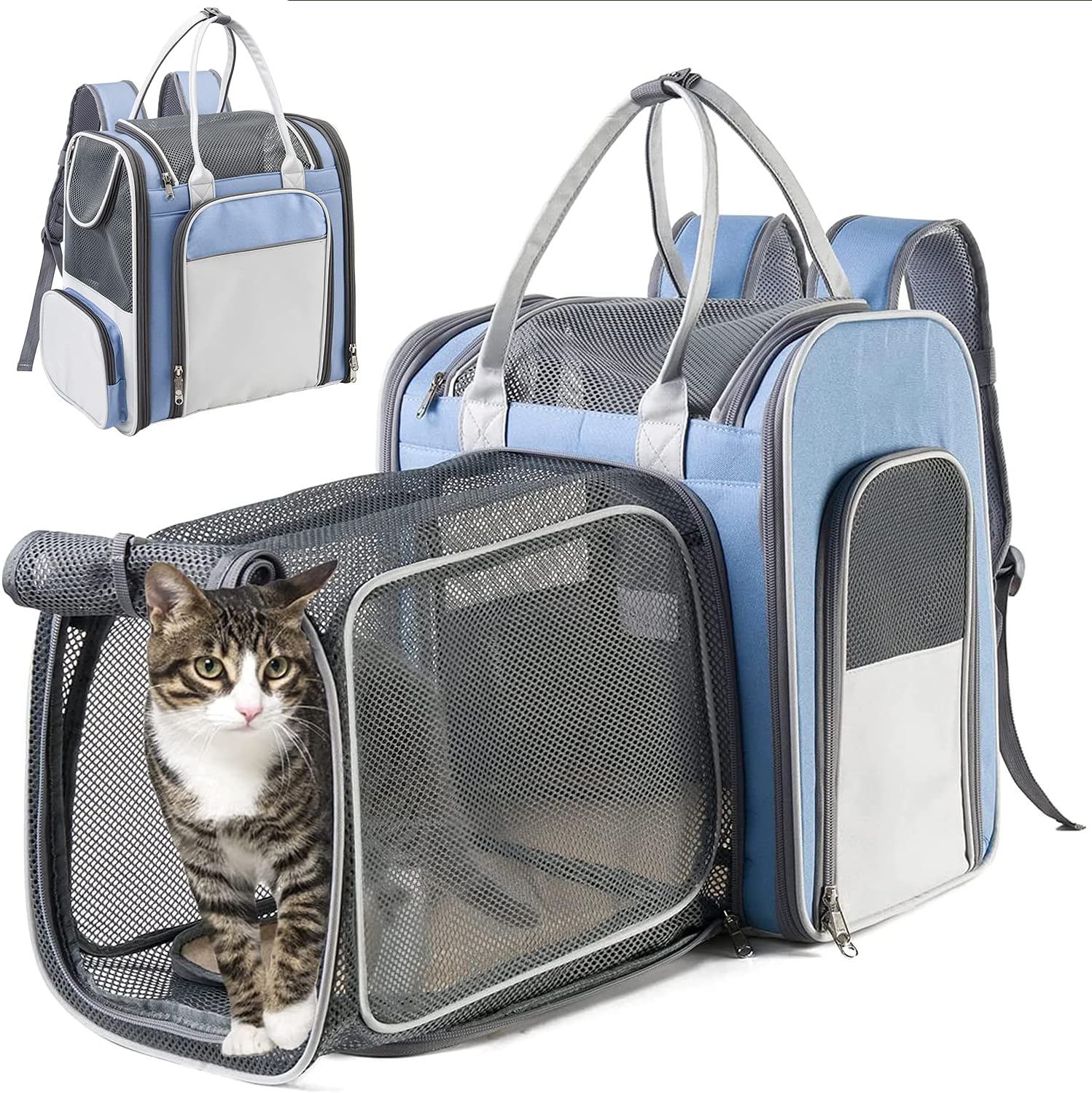 Hanjo Pets Cat Backpack Expandable - Pet Carrier Backpack - Mesh Expandable Cat Carrier Backpacks , Cat Carrying Holder Backpack for Traveling, Escape Proof, Breathable,Green