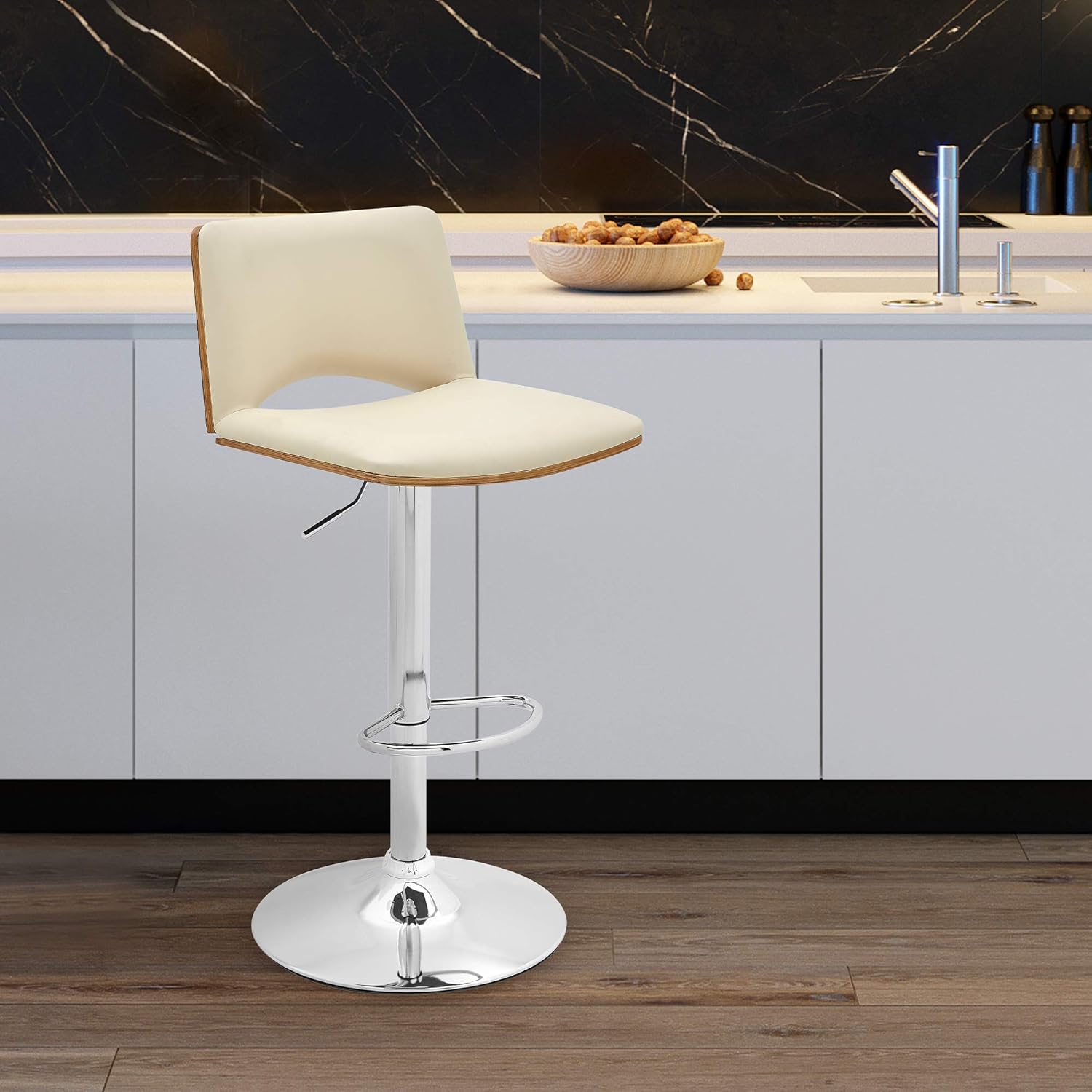 Thierry Adjustable Swivel Cream Faux Leather with Walnut Back and Chrome Bar Stool