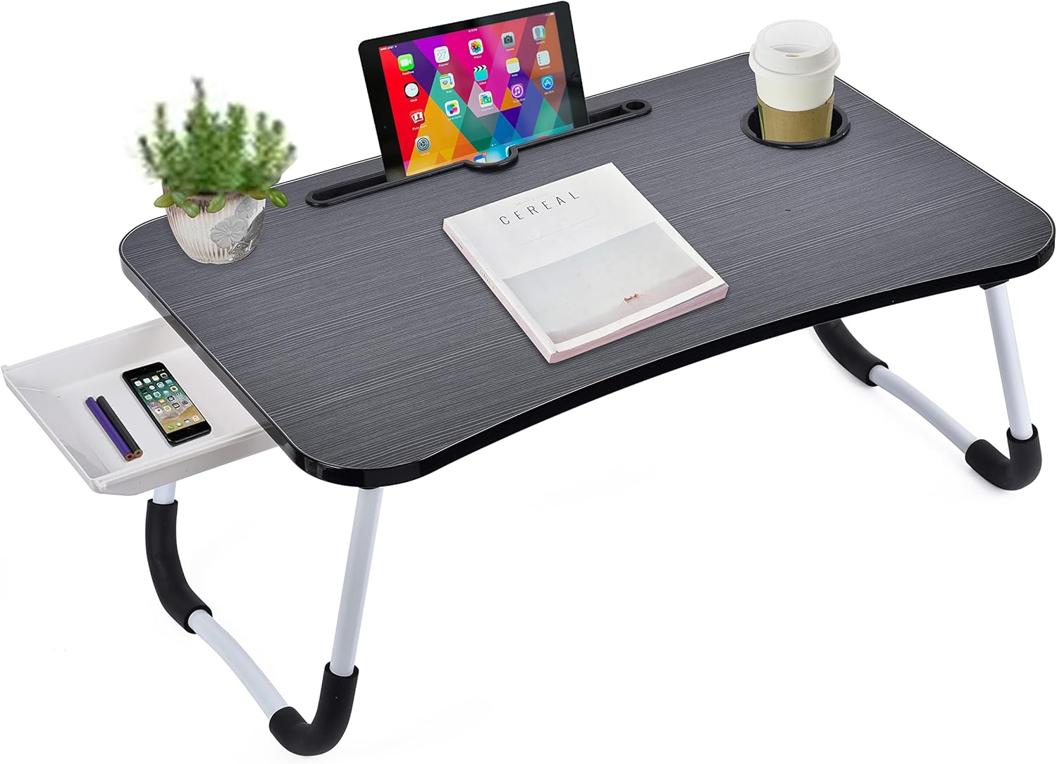 Laptop Bed Desk Table Tray Stand Lapdesk with Cup Holder/Storage Drawer for Bed On Low Sitting Floor Large Portable Foldable for Study Working Writing Drawing Reading Eating(blackwalnut)