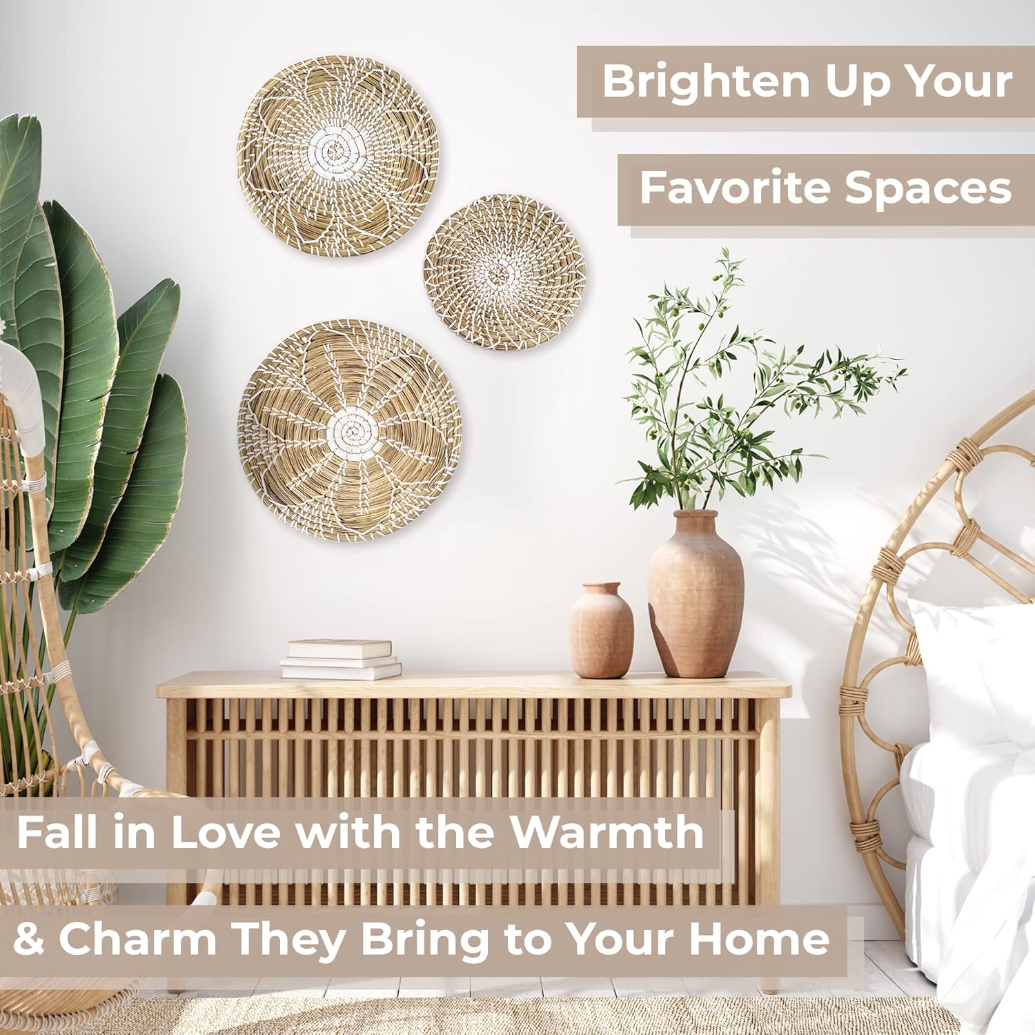 NAYOMI Handmade Wall Basket Decor Set of 3 for Boho Decor - Easy to Install Rattan Wall Decor Wall Hanging Baskets. Wall Baskets Decor Boho Flat. Decorative Wall Basket for Boho Wall Decor. Woven Wall Decor Pack of 2