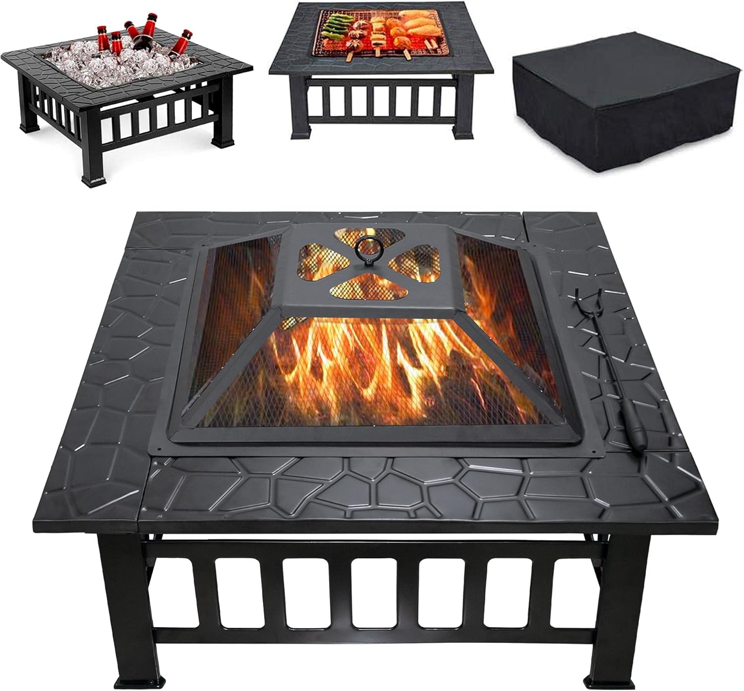 Cisvio Outdoor Fire Pit 32in Wood Burning Steel Grill Firepit with Spark Screen Cover,Poker,Grill and Waterproof Cover for Patio Bonfire Backyard,Black