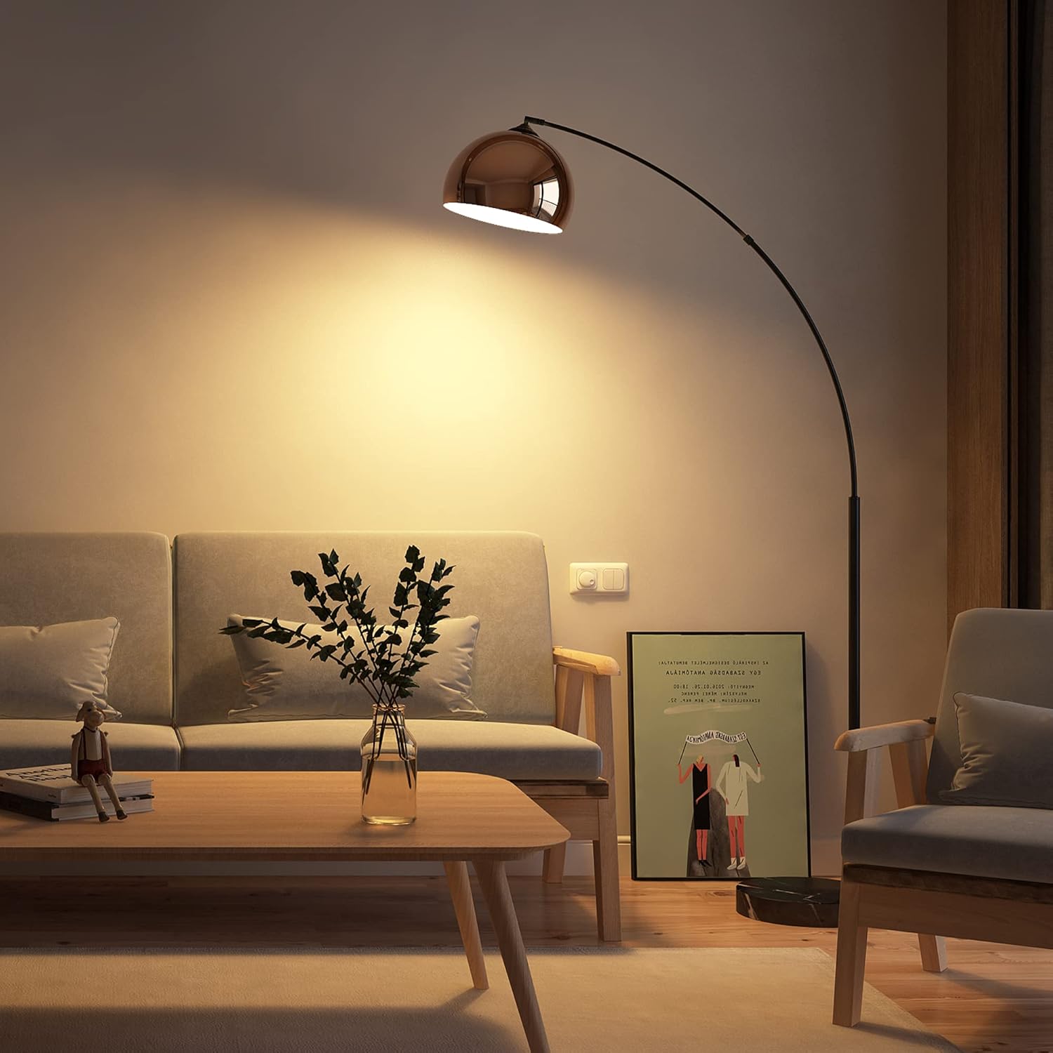 Inlight 66&rsquo;&rsquo; H Retro Arc Floor Lamp with Rose Gold Tiltable Shade and Black Marble Base, Single Light Postmodern Tall Standing Lamp for Living Room, Bedroom, Study Reading, Bulb Included, IN-0806-1-CP