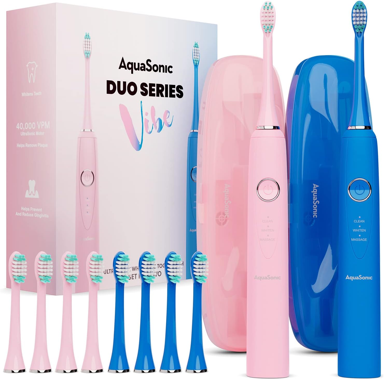 AquaSonic Vibe Duo - Dual Handle Ultra Whitening 40,000 VPM Wireless Charging Electric ToothBrushes - 3 Modes with Smart Timers - 10 Dupont Brush Heads & 2 Travel Cases Included Pack of 2