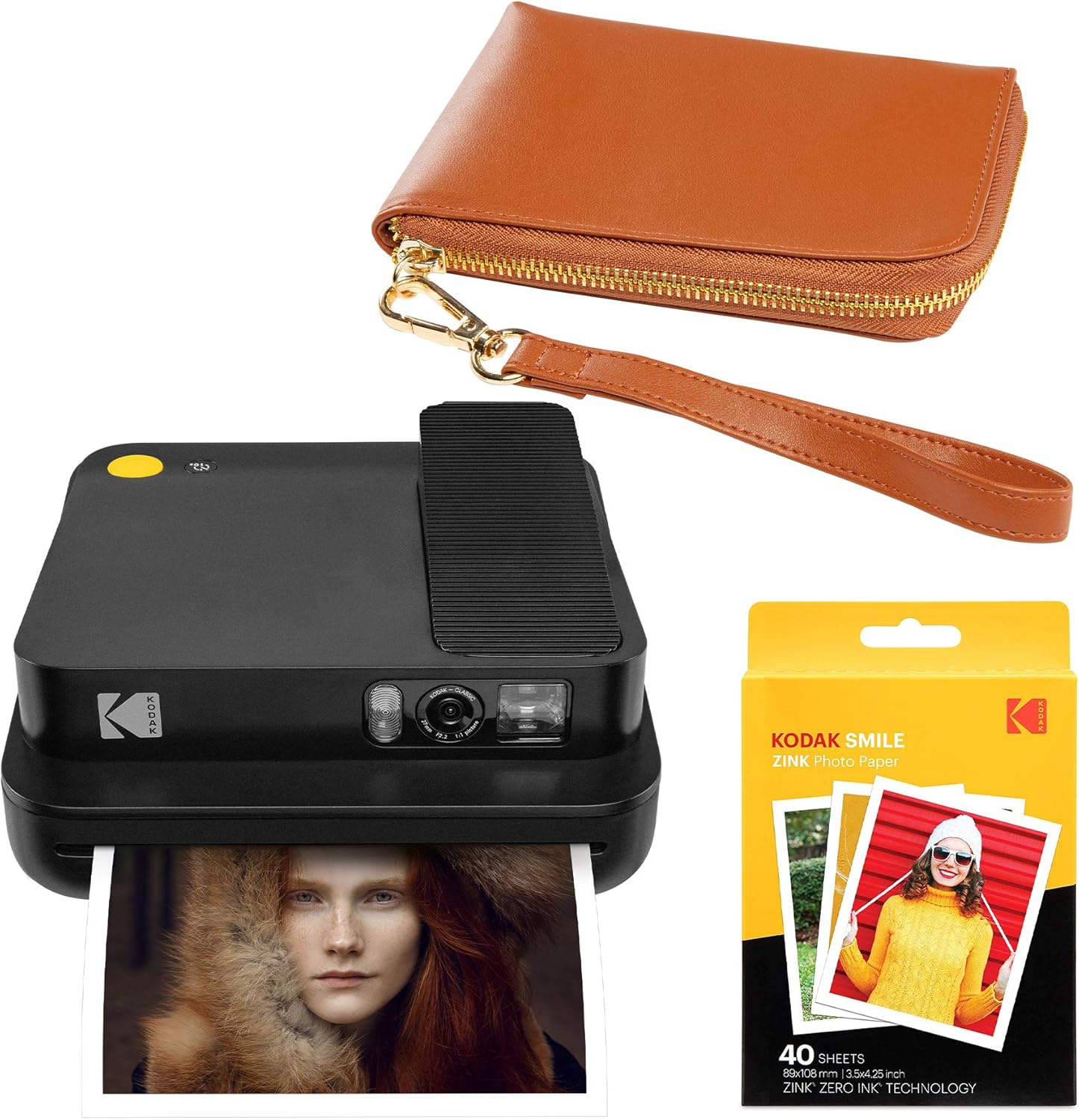 KODAK Smile Classic Digital Instant Camera with Bluetooth (Black) Brown Wrislet Carrying Case Kit