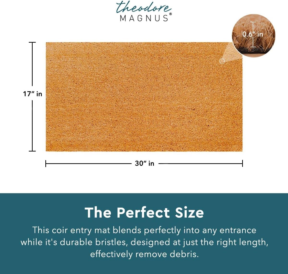 Theodore Magnus Natural Coir Doormat with Non-Slip Backing - 17 x 30 - Outdoor / Indoor - Natural - 5PK - COIR-1730-15-Natural-5PK