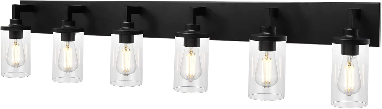 5 Light VINLUZ Black Metal Base Wall Mount Light with Clear Glass Shade Interior Vintage Bathroom Vanity Lighting Fixture for Dressing Table Corridor