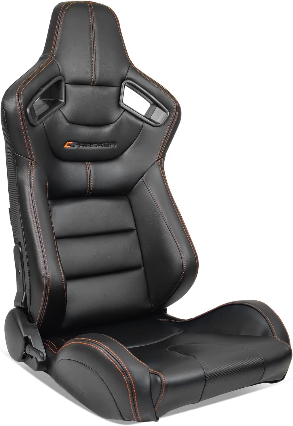 IKON MOTORSPORTS, Universal Racing Seats with Dual Sliders, Black with Orange Stitch PU & Carbon Leather Reclinable Right Passenger Side