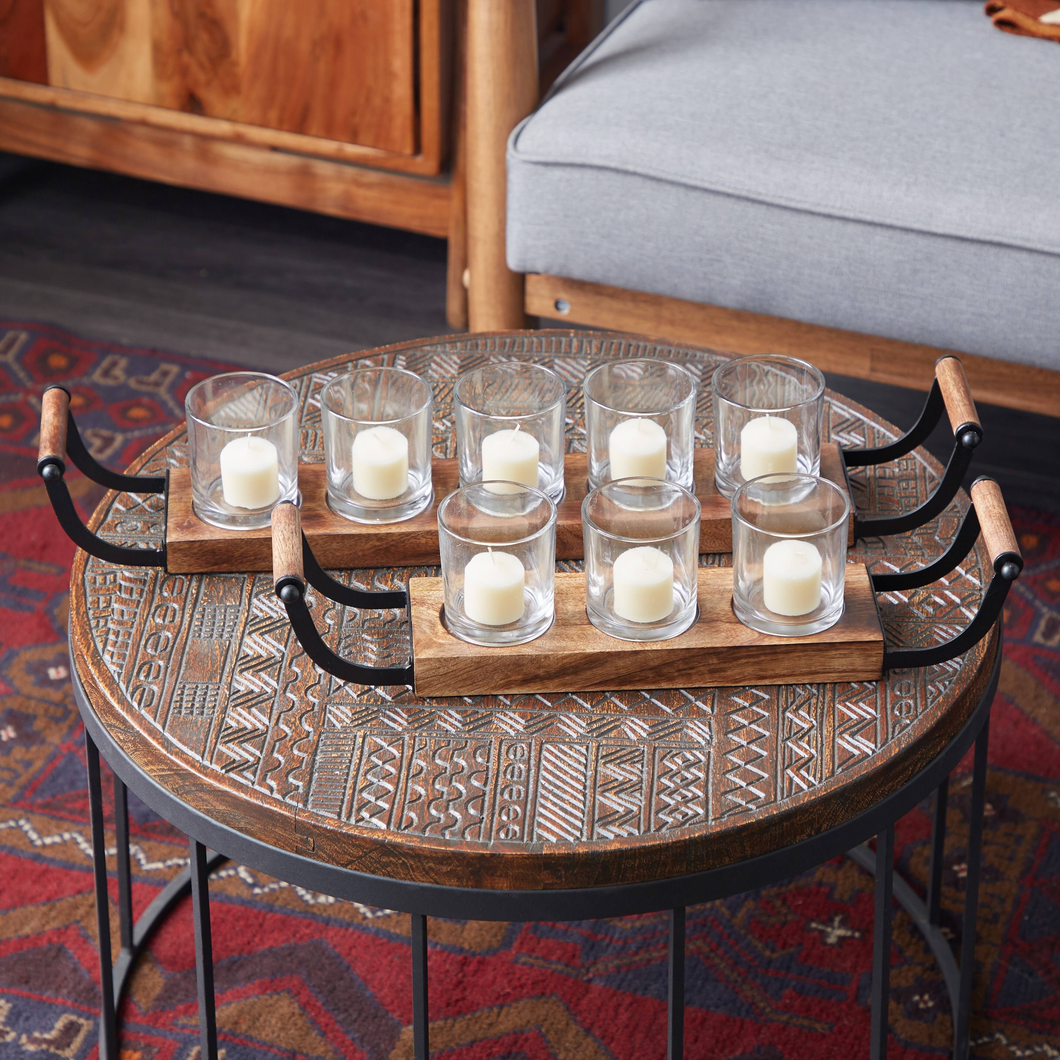 Small Farmhouse Glass Candle Holders W Black Metal Handles and Rectangular Wood Board Bases Set of 2 17.5x22 24x22 - 24 x 4 x 4