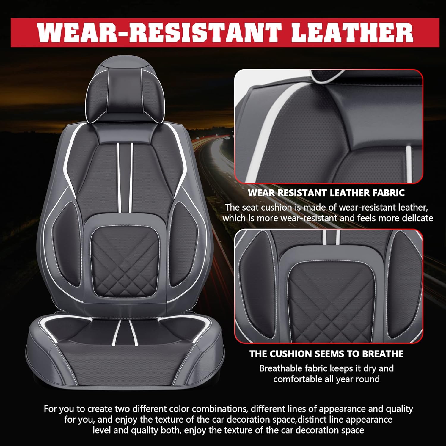 ASLONG 5PCS 2025 Front and Back Car Seat Covers Auto Interior Accessories with Water Proof Nappa Leather for Cars SUV Pick-up Truck Universal Comfortable and Breathable (Full Set, Grey)
