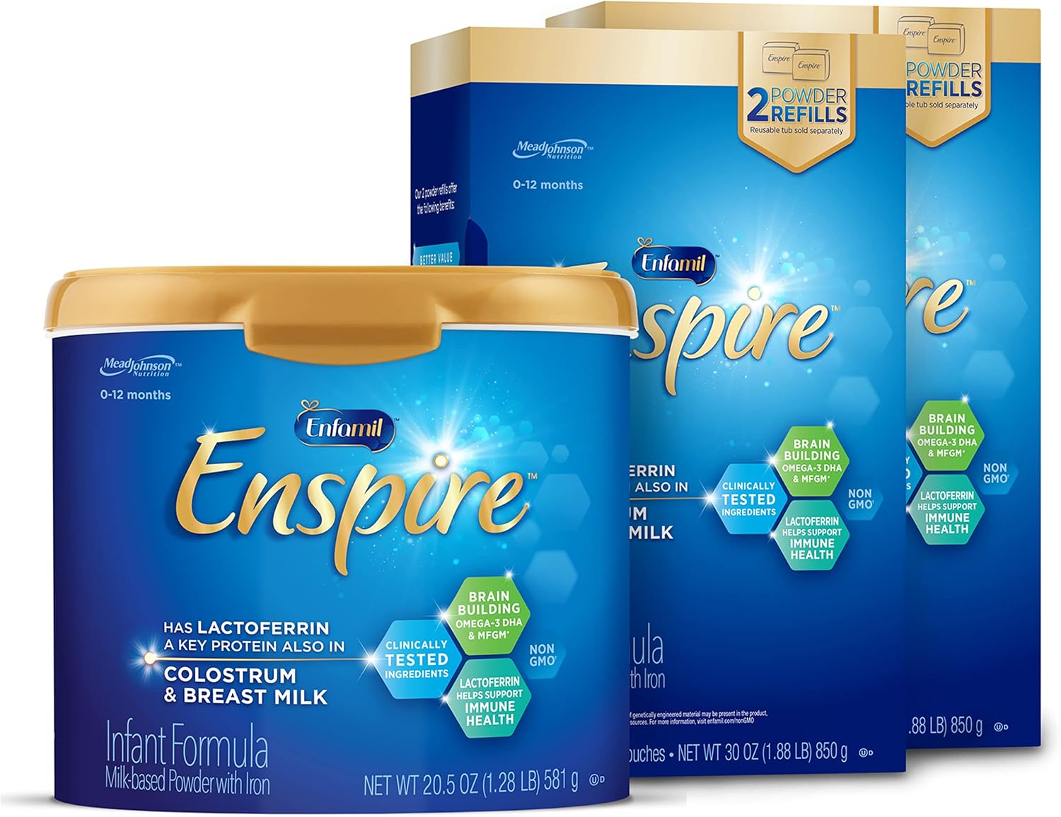 Enfamil Enspire Baby Formula with Immune-Supporting Lactoferrin, Brain Building DHA, 5 Nutrient Benefits in 1 Formula, Our Closest Formula to Breast Milk, Non-GMO, Powder Tub & Refills, 80.5 Oz Total