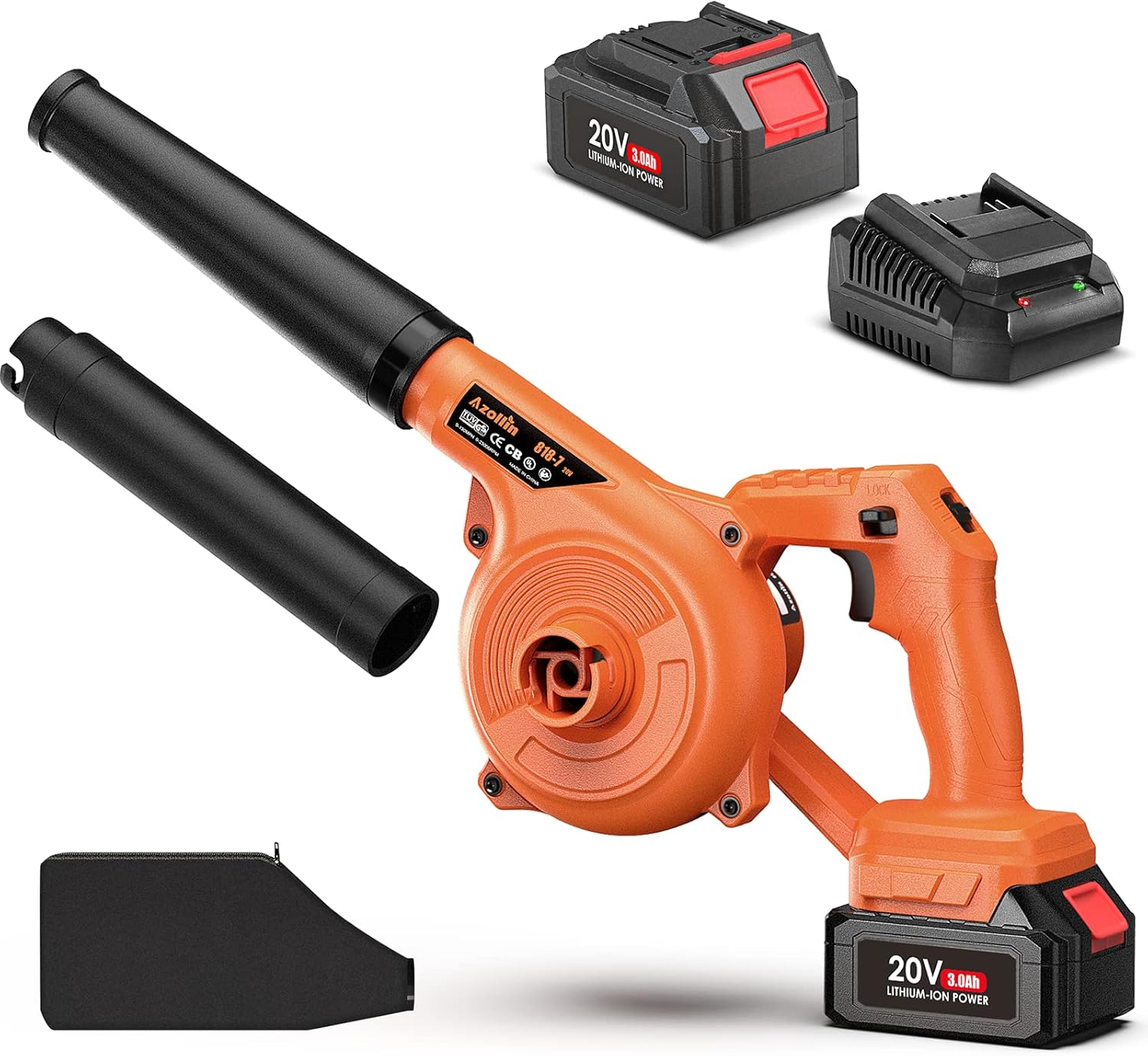 Azollin Leaf Blower, 20V Cordless Leaf Blower with 3.0Ah Battery and Charger, 2-Speed Electric Leaf Blower, 2-in-1 Blower/Vacuum Design 140 MPH for Jobsite Lawn Care Light Yard Work Sweeping