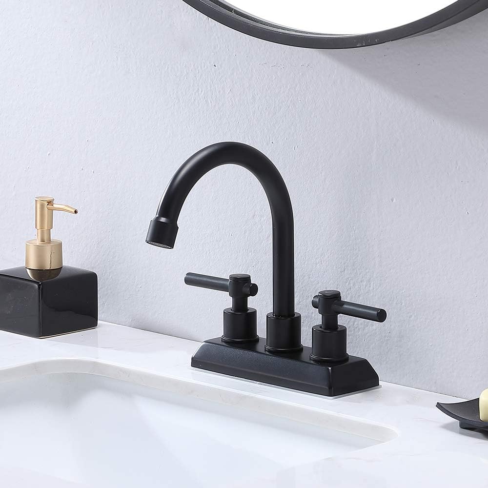 VESLA HOME Modern 2 Handles 2 Holes 4 Inch Centerset Dark Black Bathroom Faucet,High Arc Swivel Spout Lavatory Bathroom Vanity Sink Faucet with Water Supply Lines and Pop-up Drain Combo