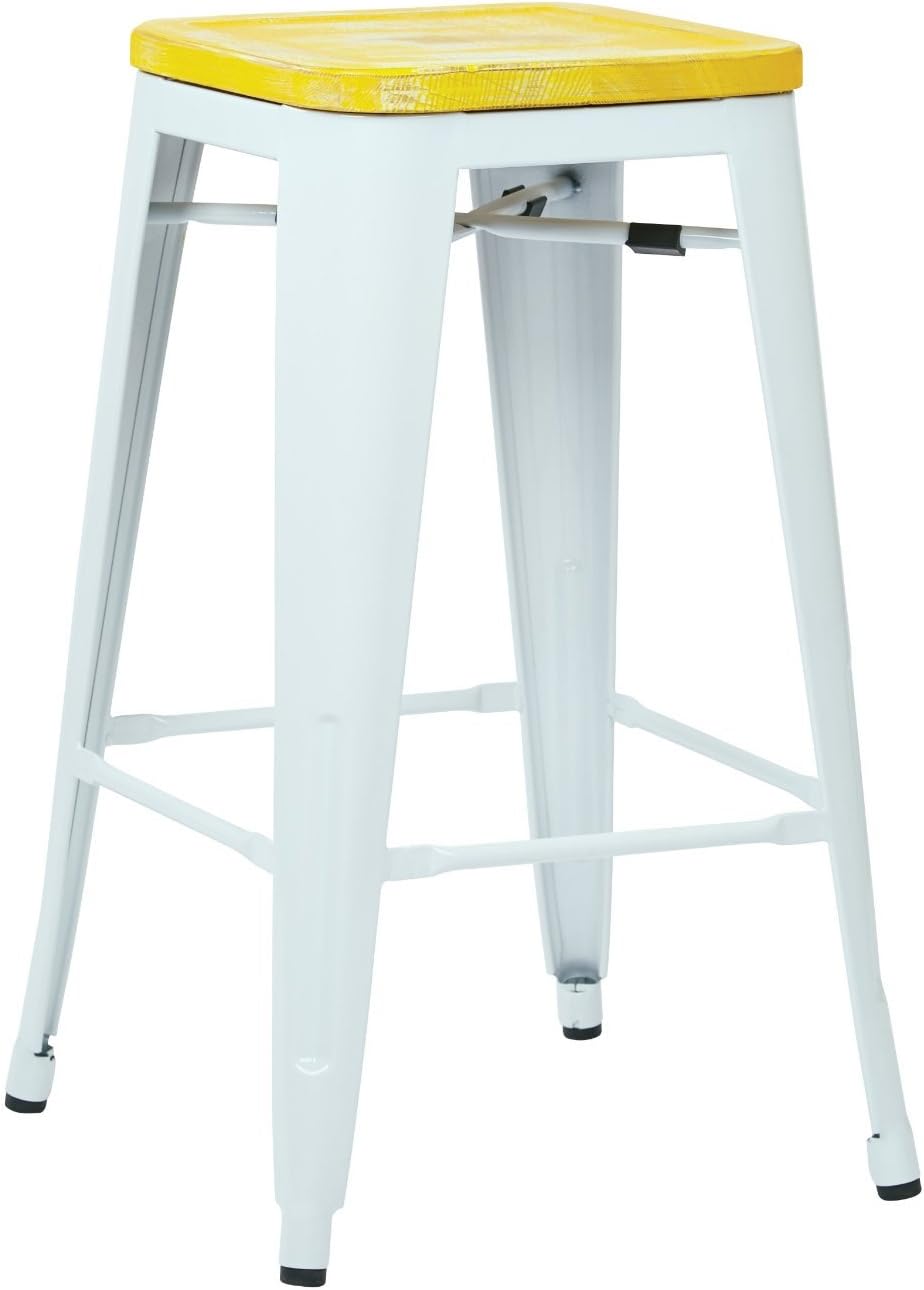 OSP Home Furnishings Bristow Antique Metal Barstool with Vintage Wood Seat, 26-inch, White Frame, Ash Yellow Stone Seat, 2-pack