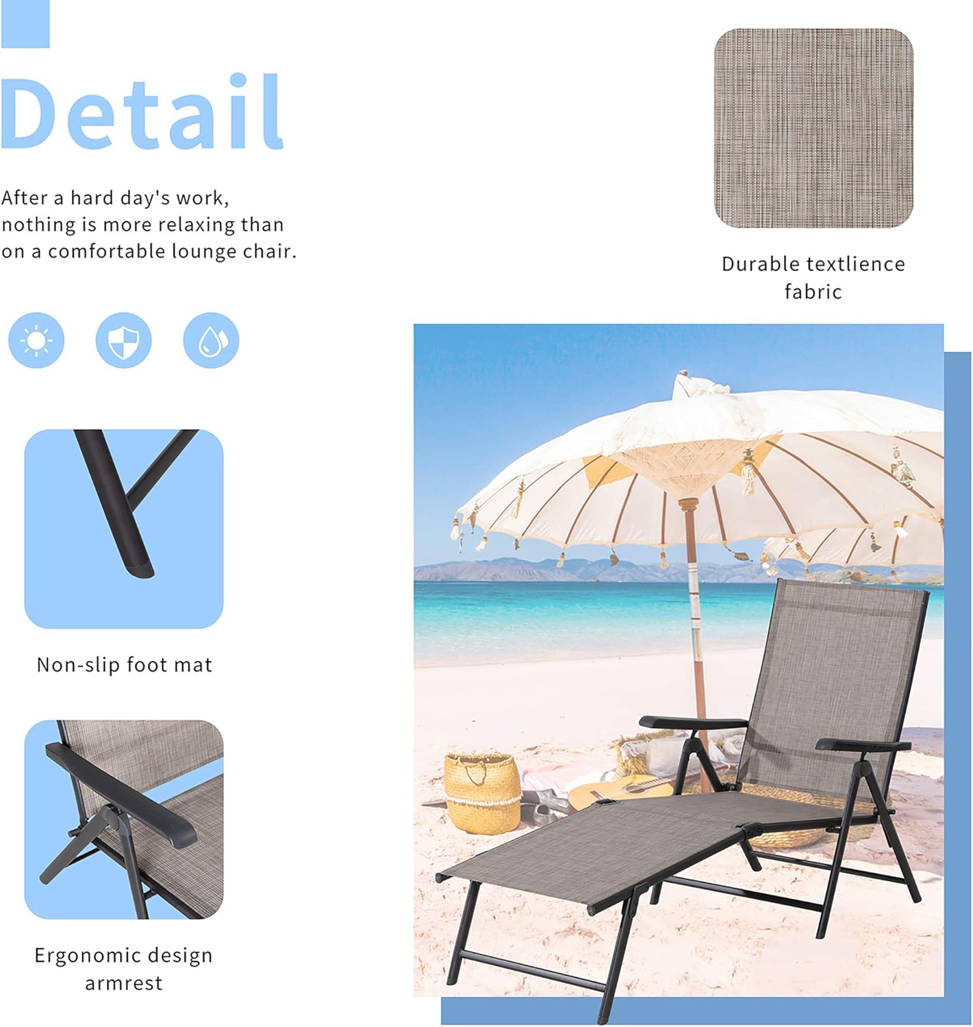 Meilocar Outdoor Lounge Chairs Set of 2, Lightweight Portable Folding Reclining Chaise Lounge Set Texilene Patio Chair Recliner with Adjustablef Backrest and Legs for Beach Yard and Poolside